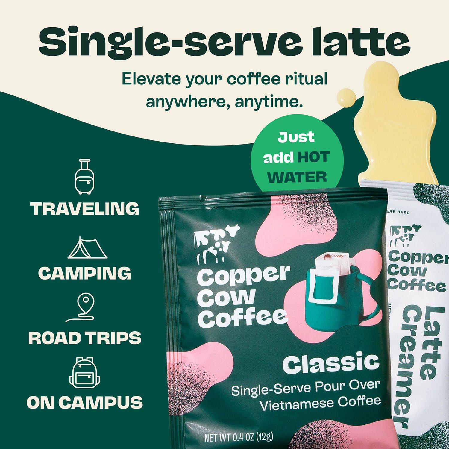 Copper Cow Coffee Copper Cow Premium Pour Over Single-Serve Vietnamese Coffee | Classic Black Lattes | Includes 8 Coffees & 8 Milk Creamers