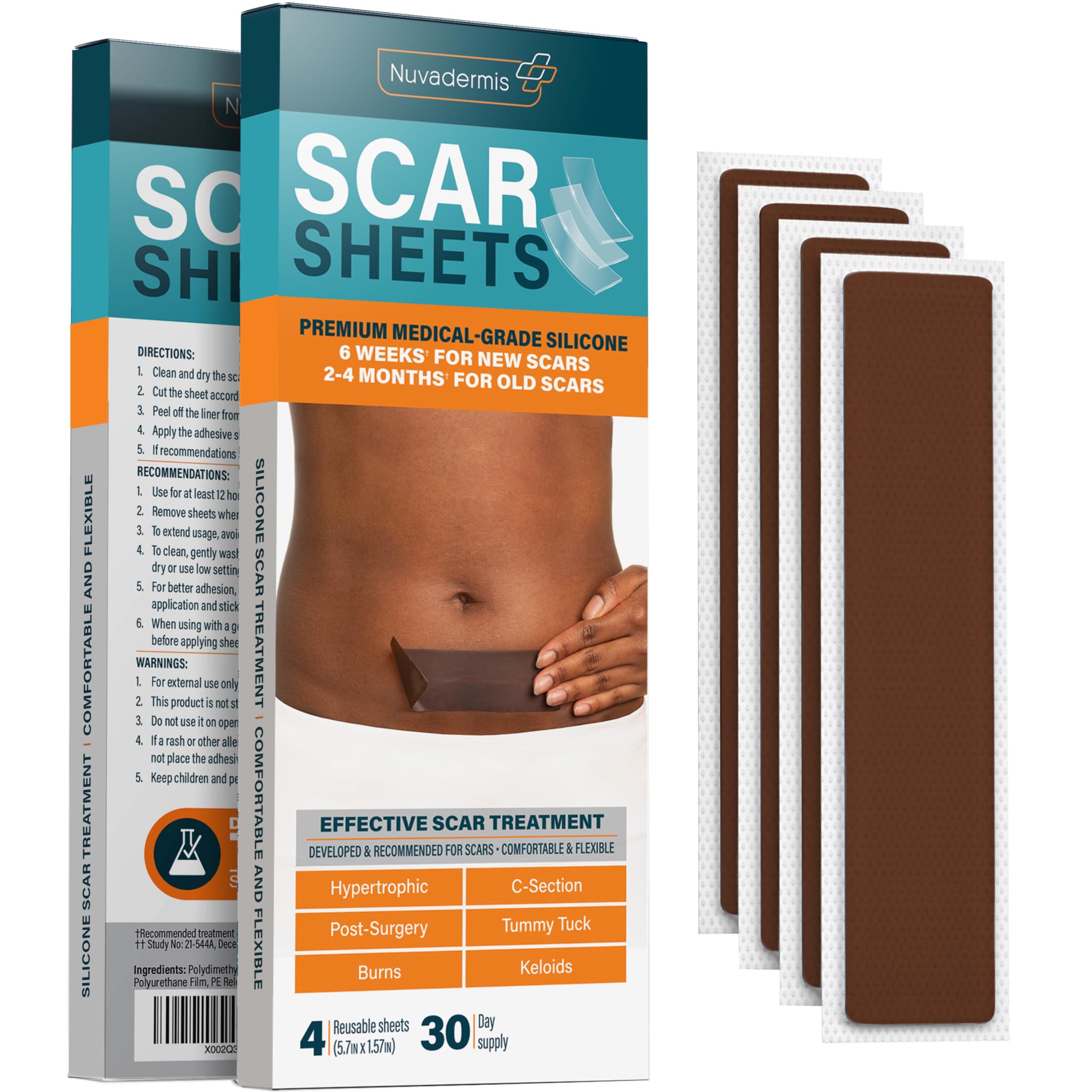 NUVADERMIS NUVADERMIS Silicone Scar Sheets Extra Long Medical-Grade Scar Sheets for C-Section, Tummy Tuck, Keloid, and Surgical Scars Reusable and Effective Pack of 4 Dark Tone