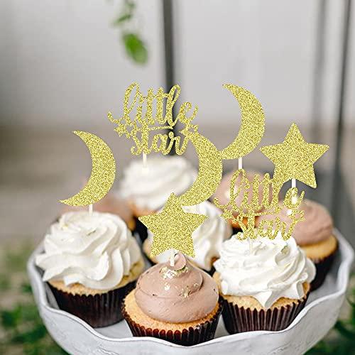 ZHUOWEISM 24 PCS Little Star Cupcake Toppers with Moon Gold Glitter Star Cupcake Picks Baby Shower Kids Birthday Party Cake Decorations Supplies