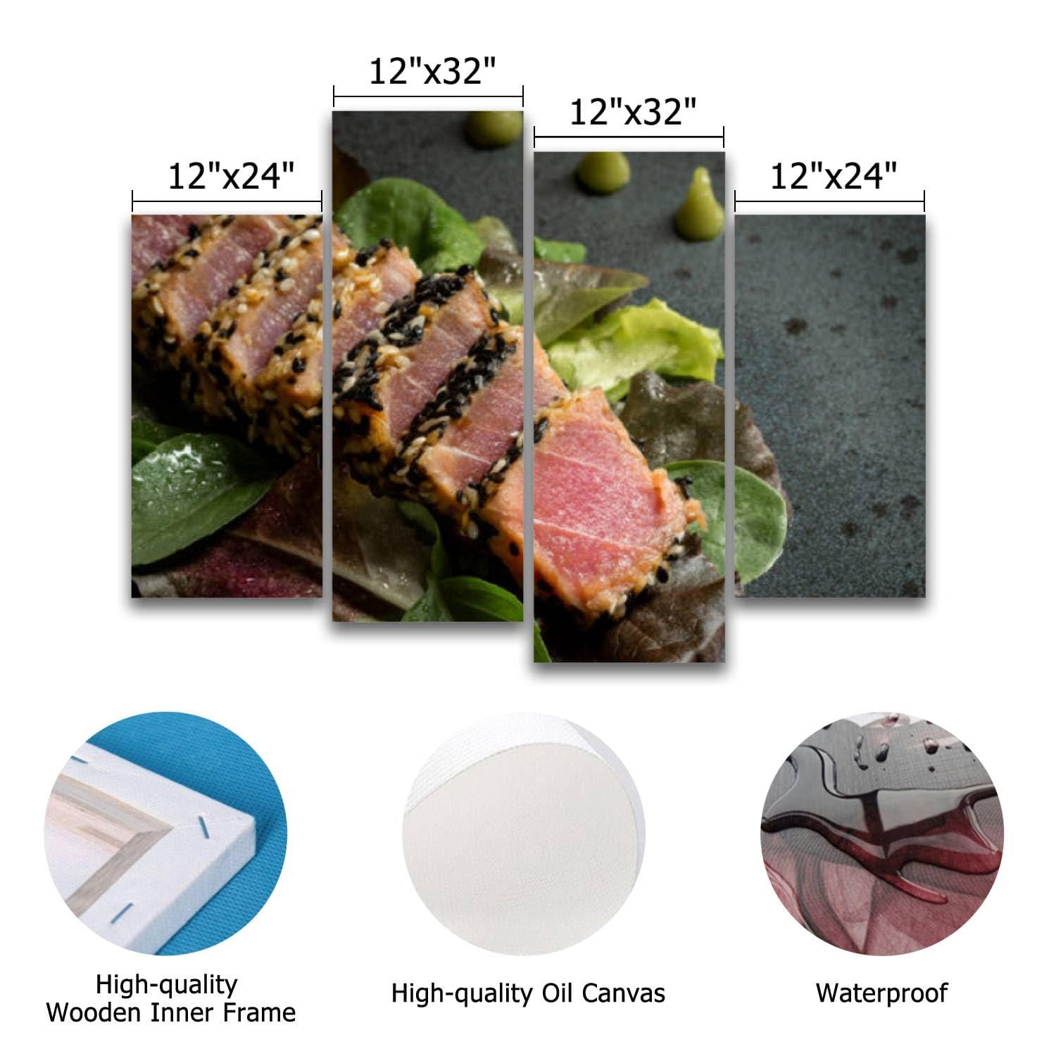 CXHSZHYZYQ CXHSZHYZYQ Canvas Wall Art Prints Pictures Grilled Sliced Tuna Steak Salad Sauce Framed Posters Modern Wall Painting Artwork Gift Home Decor for Living Room Ready to Hang 4 Panel