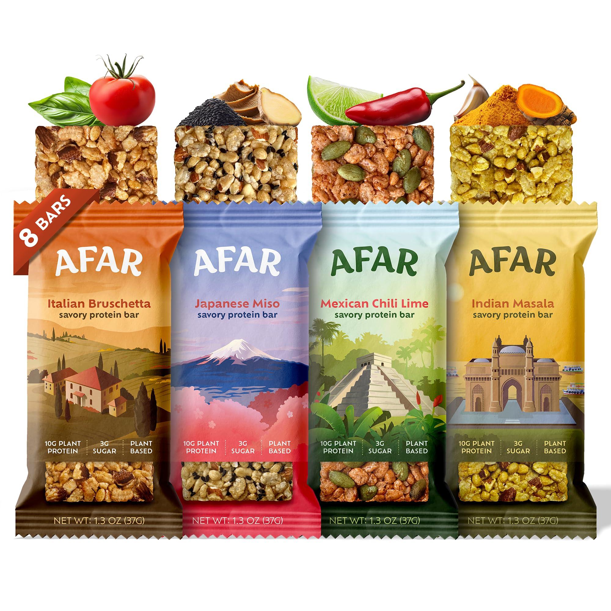 Afar Afar Savory Protein Bars Low Sugar, High Protein Healthy Snack for Adults Meal Replacement Bar Rice Crispy Texture Vegan, Gluten Free 8 Bars (Variety Pack)