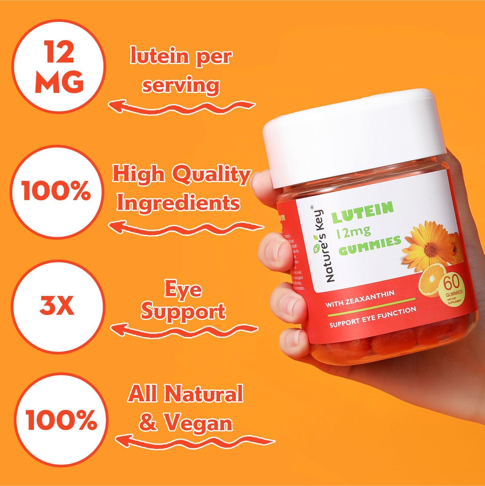 Nature\'s Key Nature\'s Key Lutein Gummies 12mg with Zeaxanthin & Vitamin A for Kids and Adults | Eye Health and Brain Function Supplement | Orange Flavor, 60Ct