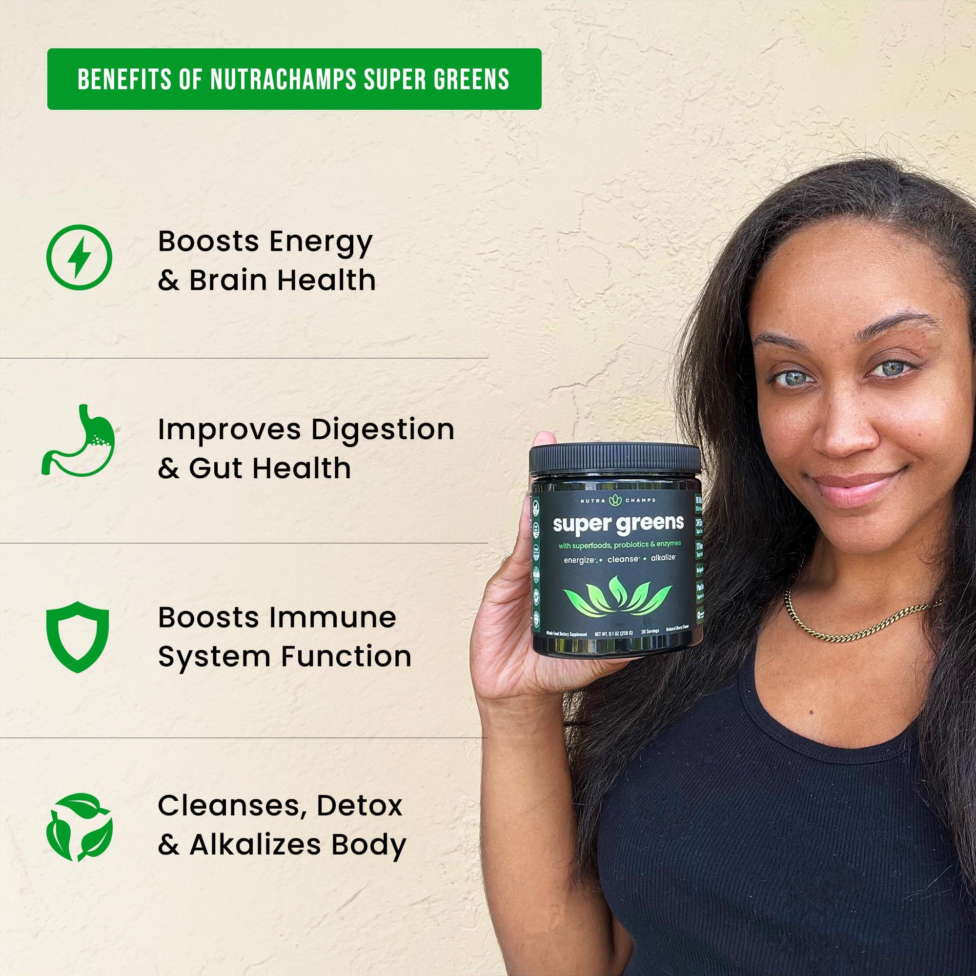 NutraChamps NutraChamps Super Greens Powder Premium Superfood | 20+ Organic Green Veggie Whole Foods | Wheat Grass, Spirulina, Chlorella | Antioxidant, Digestive Enzyme & Probiotic Blends (9.0 Oz, Berry)