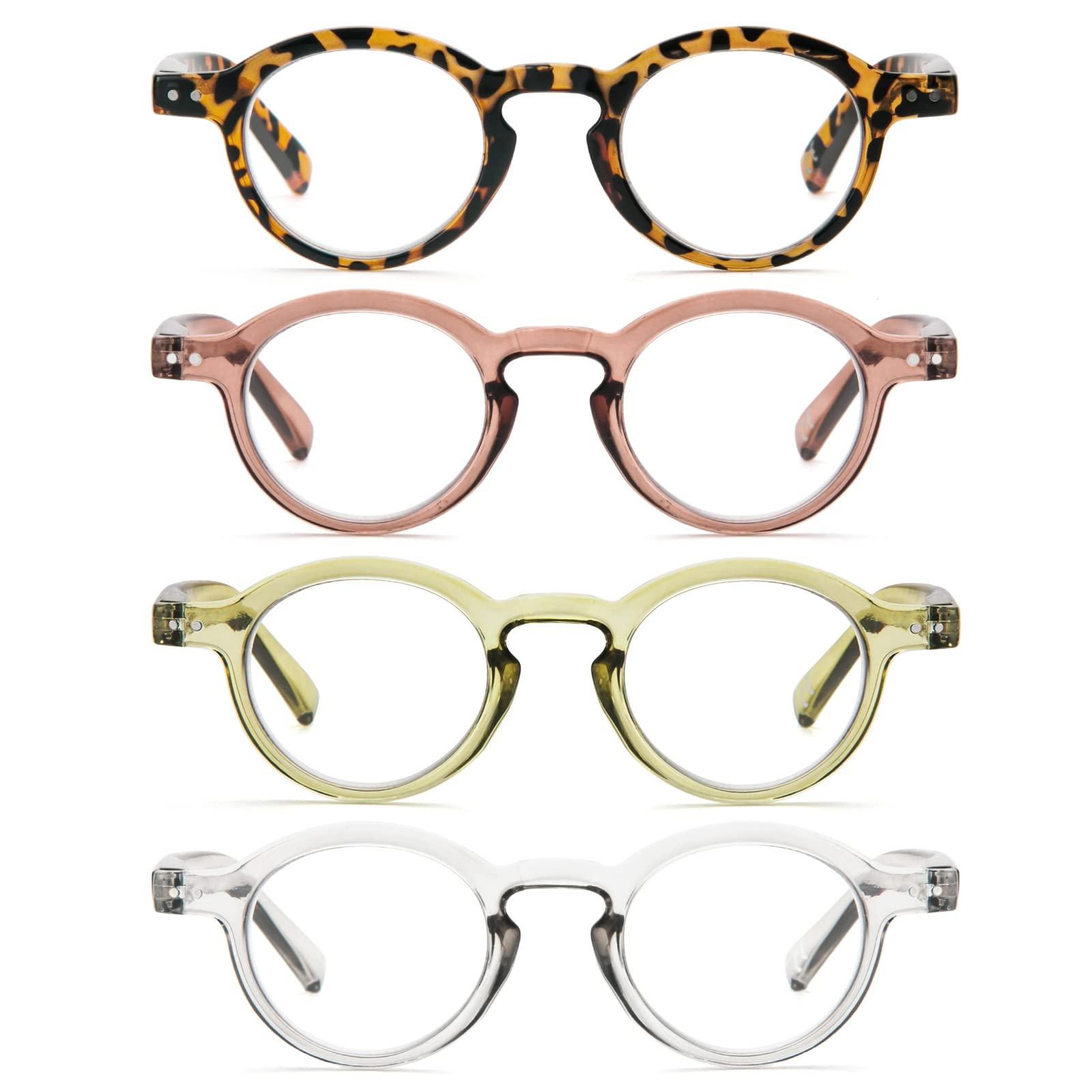 KoKoBin KoKoBin 4-Pack Small Round Reading Glasses Comfortable Readers Colored Stylish Frame for Women (Green&Brow&Leopard&Transparent, 2.25, multiplier_x)