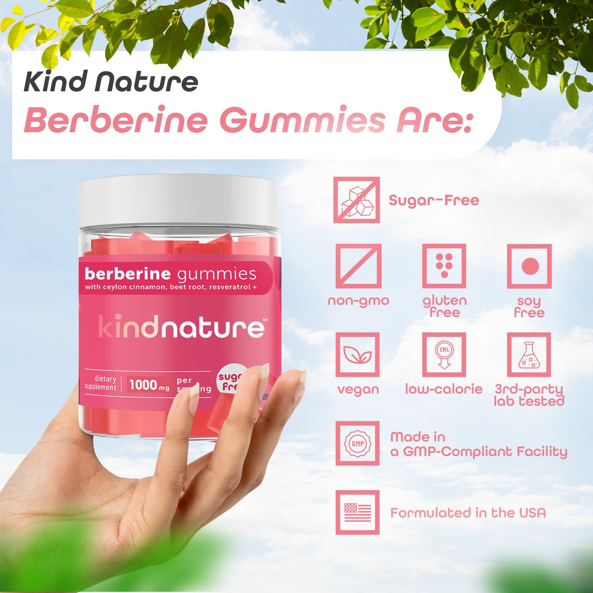 kindnature Kind Nature 1000mg Berberine Gummies - Sugar Free Natural Berberine Supplement Gummies with Ceylon Cinnamon & Beet Root - Non GMO, 3rd Party Tested Berberine Complex