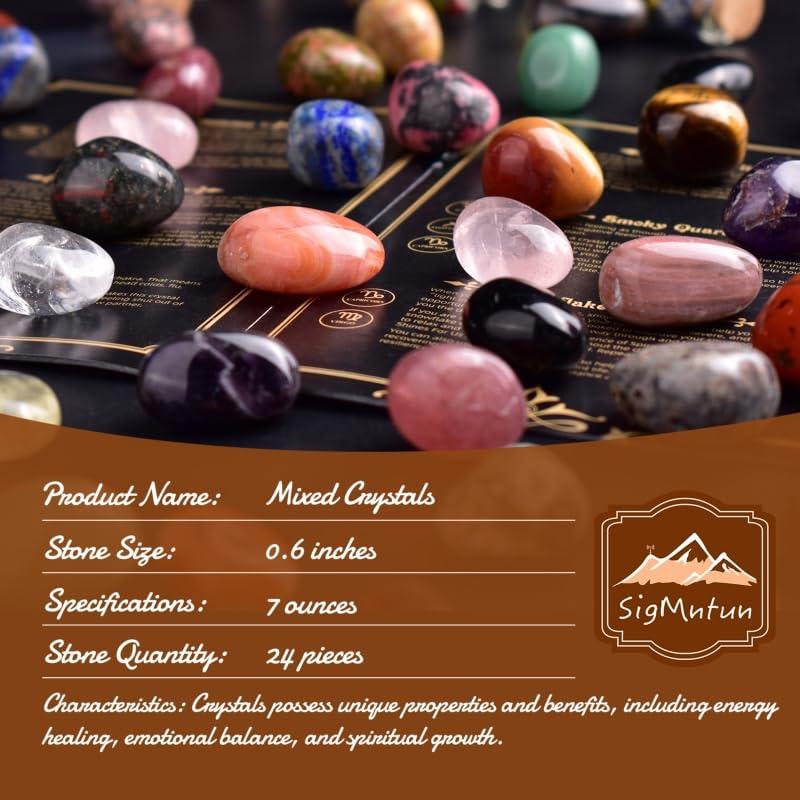 SigMntun SigMntun Polished Healing Crystals Stone Set, 24 Types of 0.6" Handpicked Tumbled Stones for Healing, Reiki, Meditation, Crafting, Home Decor, Ethically Sourced, Mixed-96