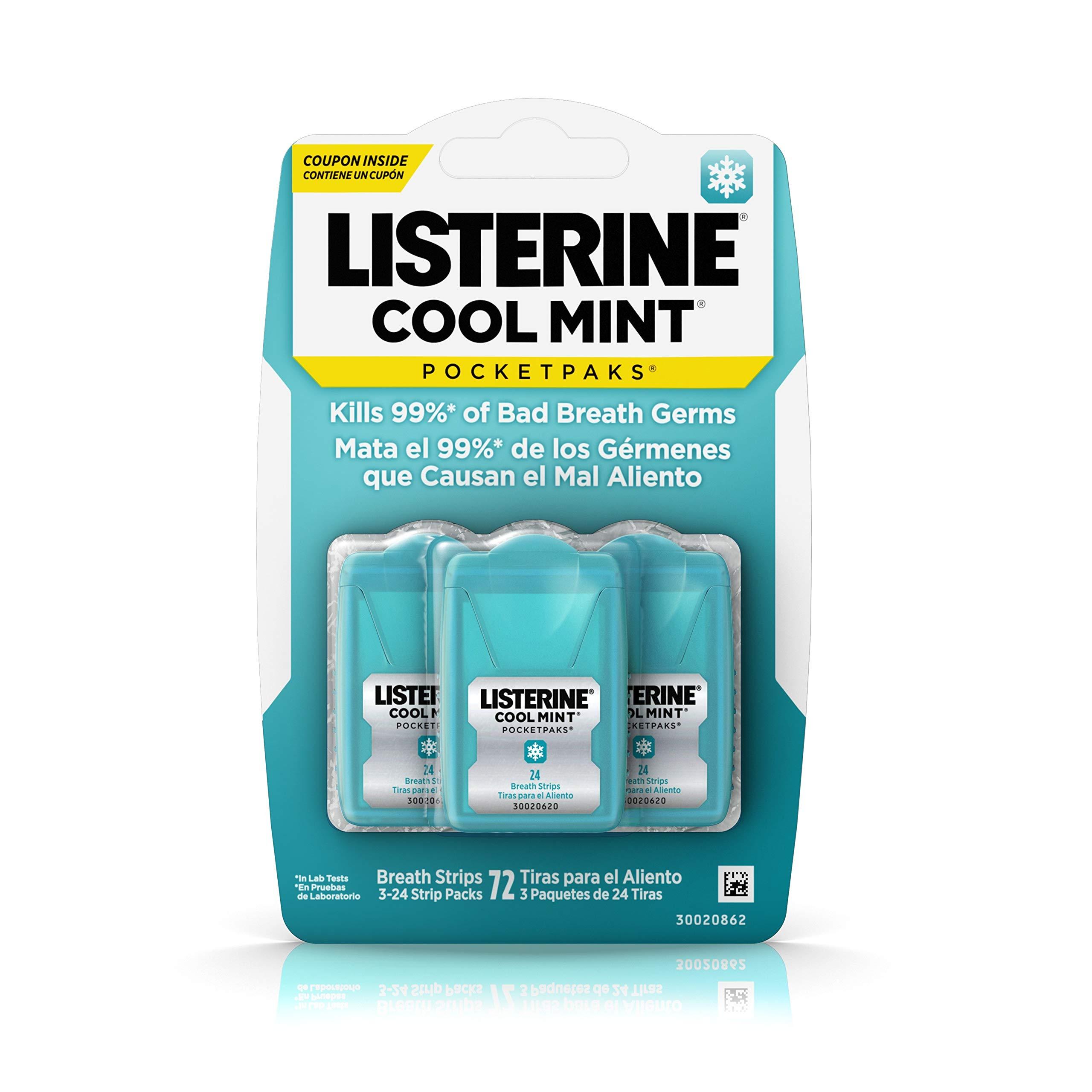 Listerine Listerine Cool Mint Pocketpaks Breath Strips Kills Bad Breath Germs, 24-Strip Pack, 3 Pack