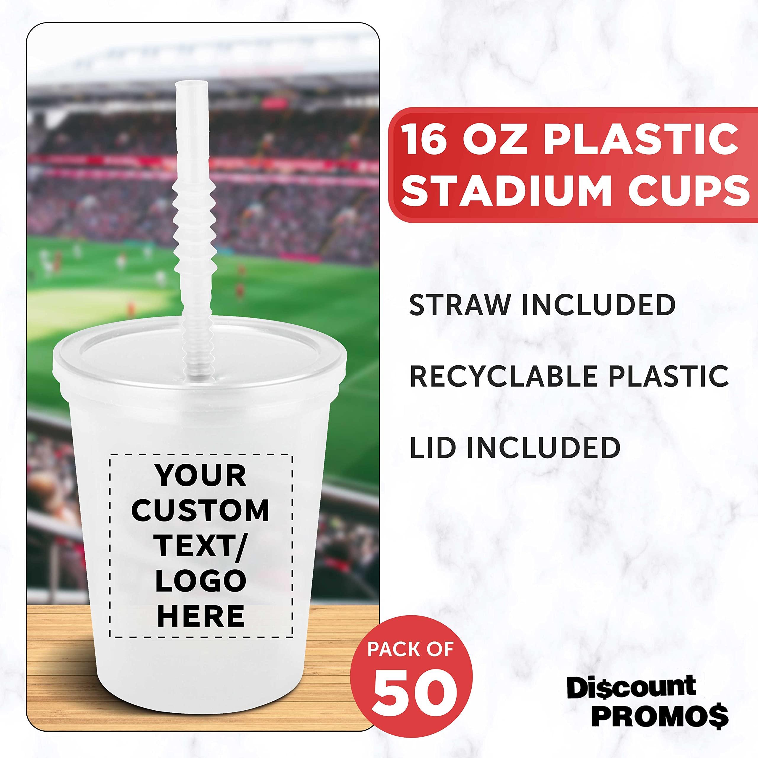 DISCOUNT PROMOS Custom Plastic Cups with Lid and Straw 16 oz. Set of 50, Personalized Bulk Pack - Perfect for Summer, Sporting Events, Birthdays, Weddings, Picnic, Beach, Parties - Clear
