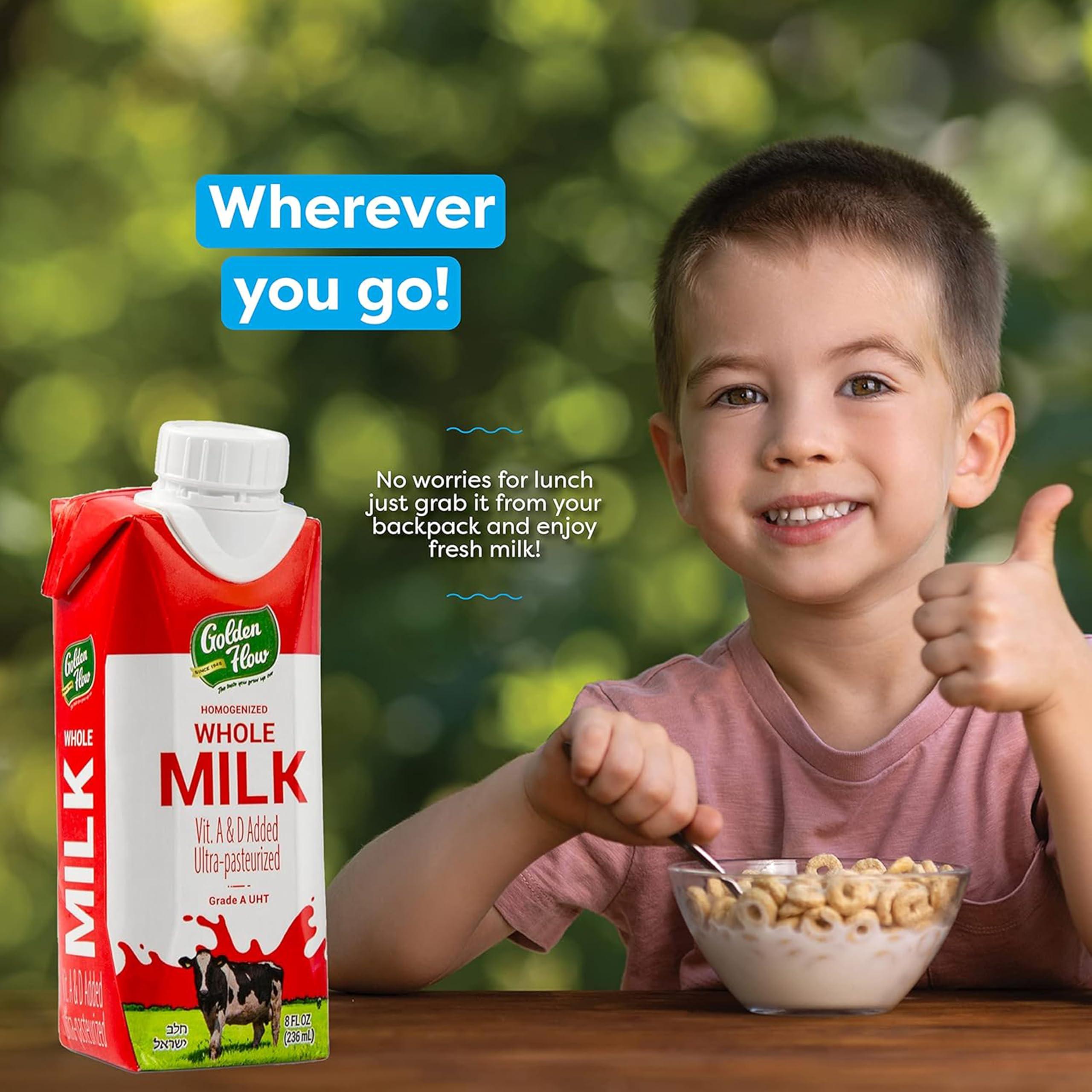 Golden Flow Golden Flow Shelf Stable Whole milk - UHT Boxed Milk - Fortified with Vitamins A & D –No Refrigeration Needed, Cholov Yisroel, Kosher for Passover -8 FL oz- (Pack of 6)