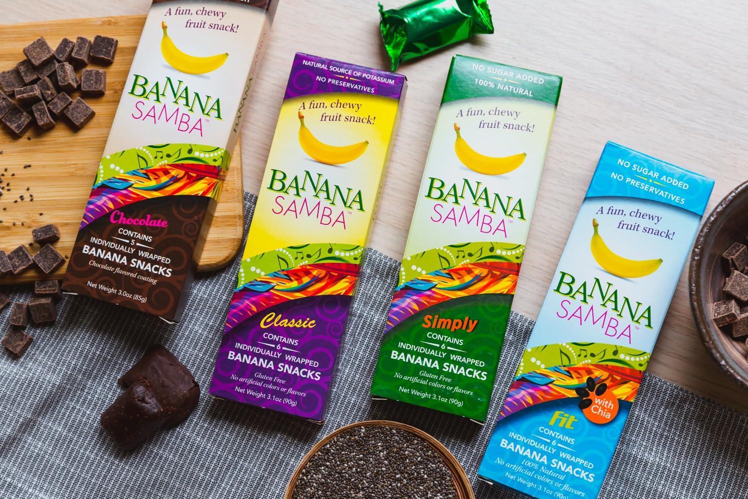 Banana Samba Banana Samba Chocolate - delicious bananas chewy bites covered with semi-sweet chocolate -5 individually wrapped pieces per box.