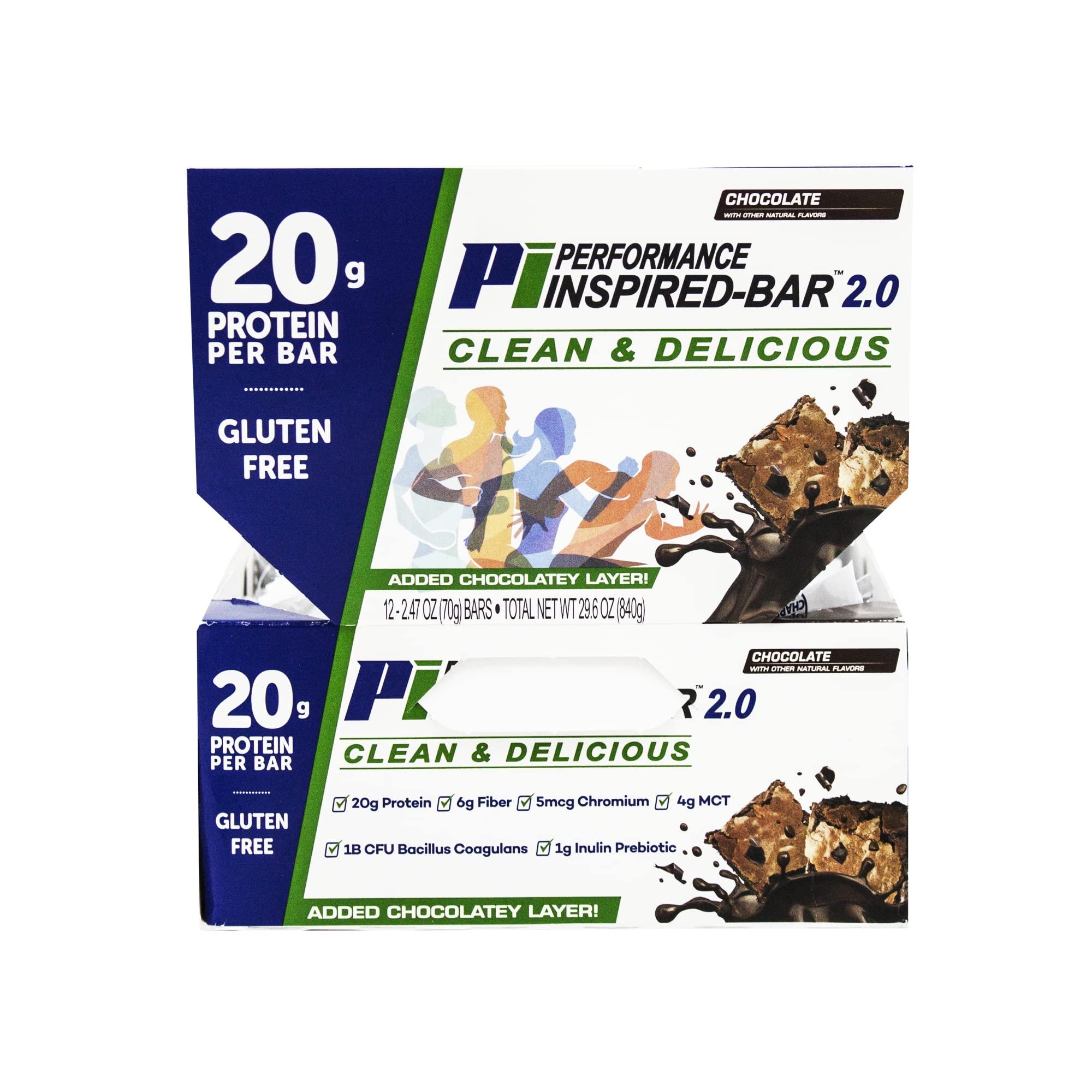 PERFORMANCE INSPIRED Performance Inspired Nutrition Protein Bar 2.0  20G Protein, 6G Fiber, 4G MCTs, 1 Billion CFU Probiotics  Gluten-Free  Chocolate Flavor  12 Count