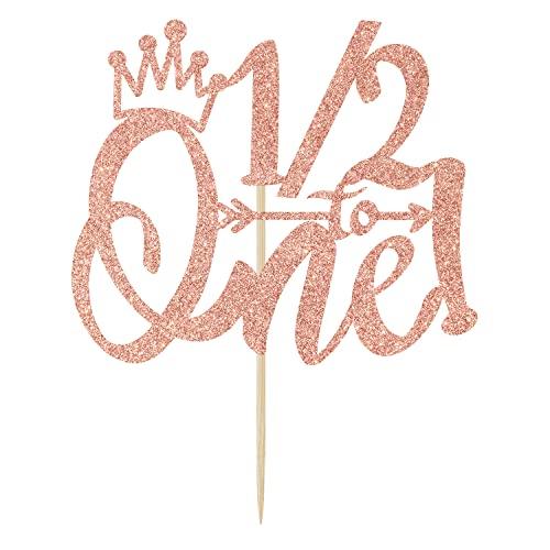 LOVELY BITON 1/2 Way to One Cake Topper, Half Way to One, 1/2 Birthday Cake Topper, Baby Boys Girls 6 Months Birthday Party Decorations Supplies Rose Gold Glitter