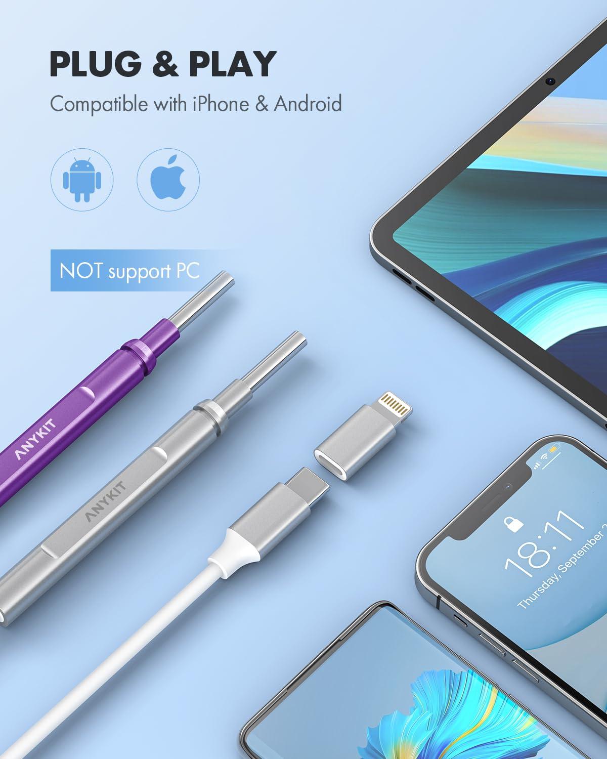 Anykit Anykit Digital Otoscope for Phone & Tablet, Ultra Clear View Ear Camera with Ear Wax Removal Tools, Video Ear Scope Otoscope with Light, Support Capture Photo & Record Videos