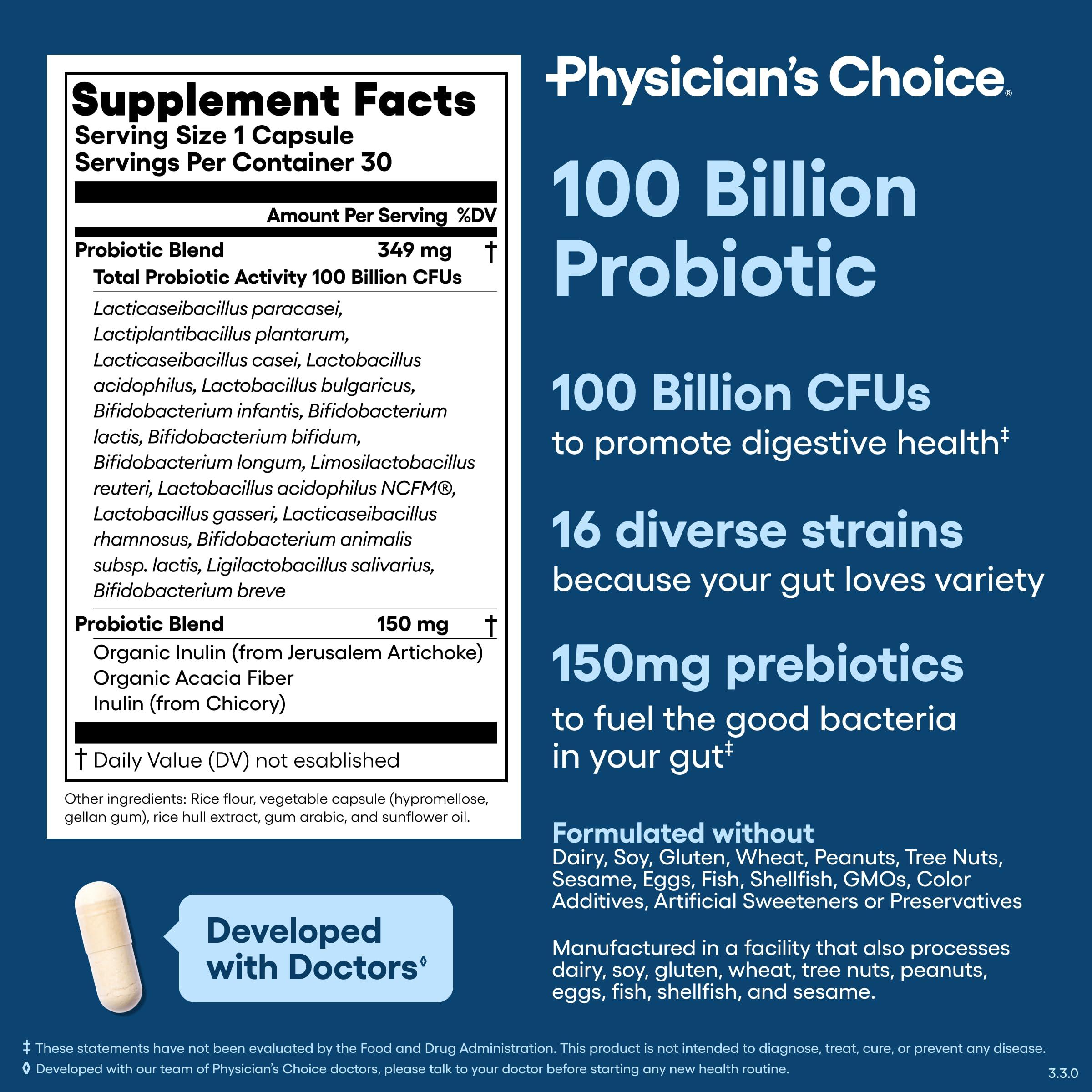 Physician\'s CHOICE Physician\'s CHOICE 100 Billion Advanced Probiotic - 16 Strains + Organic Prebiotics - Digestive & Gut Health - Supports Occasional Constipation, Diarrhea, Gas & Bloating - Probiotics for Women & Men