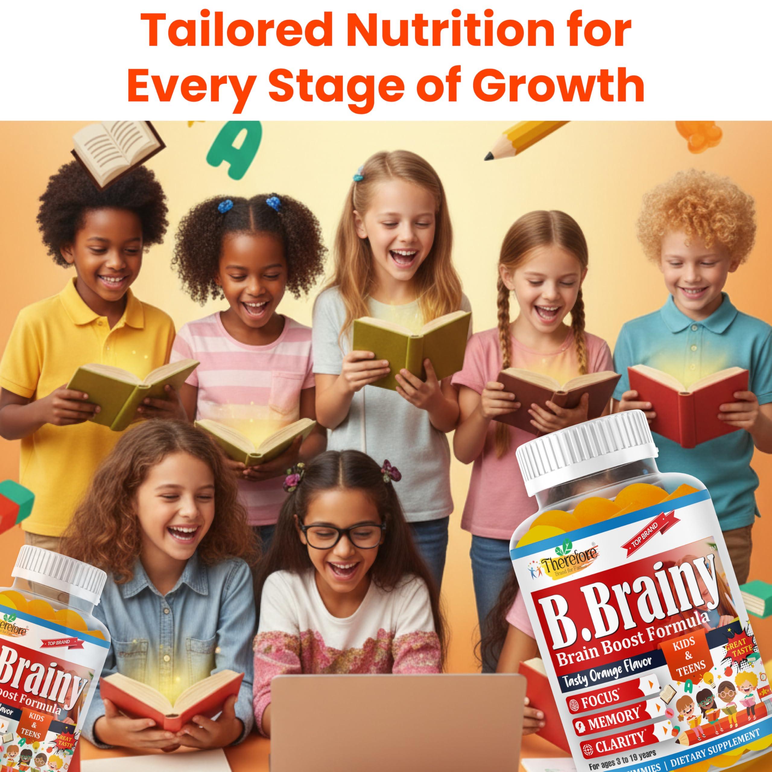 Therefore B.Brainy Brain Focus Gummies for Kids & Teens, Attentive Child Supplement, Brain Focus Vitamins for Kids & Teens, Vegan Omega 3 EPA/DHA, Support Memory, Clarity, Concentration, Low Sugar 60 Gummies