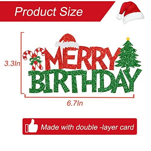 GotGala GotGala Merry Birthday Cake Topper Red &Green Glitter Christmas Birthday Cake Decoration Kids Christmas Birthday Party Cake Food Picks for Winter Onederland Xmas Birthday Baby Shower Decorations