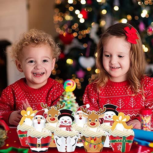 Omgouue Christmas Cupcake Toppers and Wrappers Party Supplies/Favors - Snowman/Santa Claus/Reindeer/Gift Box 48 set