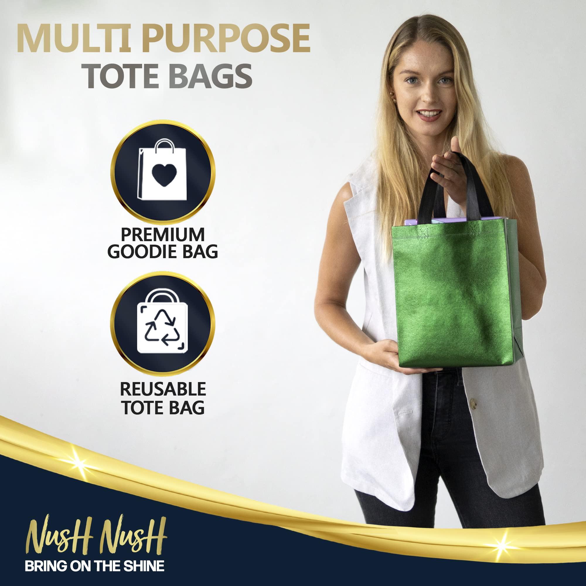 Nush Nush Nush Nush Green Gift Bags Medium Size Set of 12 & 60 Shiny Green Reusable Gift Bags With a Glossy Finish - Perfect As Goodie Bags With Handles, Christmas Gift Bags, Party Favor Bags 8Wx4Dx10H Size