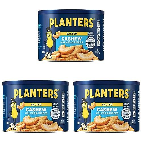 Planters PLANTERS Salted Cashew Halves & Pieces, Party Snacks, Plant-Based Protein 8oz (1 Canister) (Pack of 3)