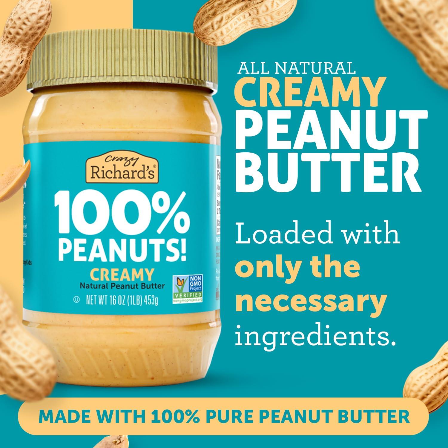 Crazy Richard's Crazy Richard\'s 100% All-Natural Creamy Vegan Peanut Butter with No Added Sugar and Non-GMO (16 Ounce, Pack of 4)