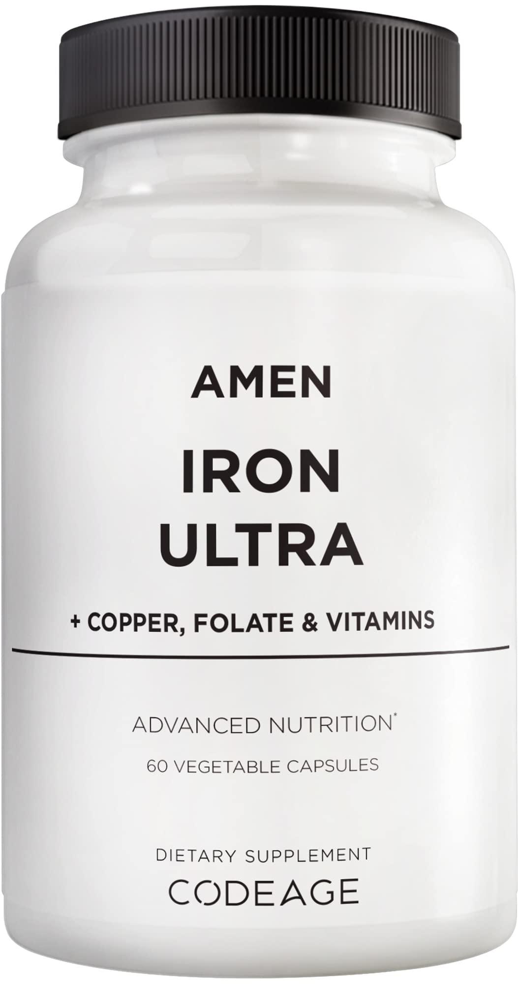 Amen Amen Iron Ultra Supplement + Copper, Folate, Vitamin C and Vitamin B12-2-Month Supply - Ferrous Sulfate Iron Vitamin - Iron 65mg Per Serving - Iron Folic Acid - Non-GMO Iron Pills - 60 Capsules