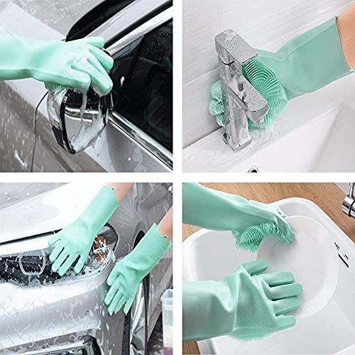 Helenhouse Dishwashing Cleaning Gloves Silicone Rubber Sponge Gloves Household Scrubber Kitchen Cleaning Tools Kitchen (Blue)