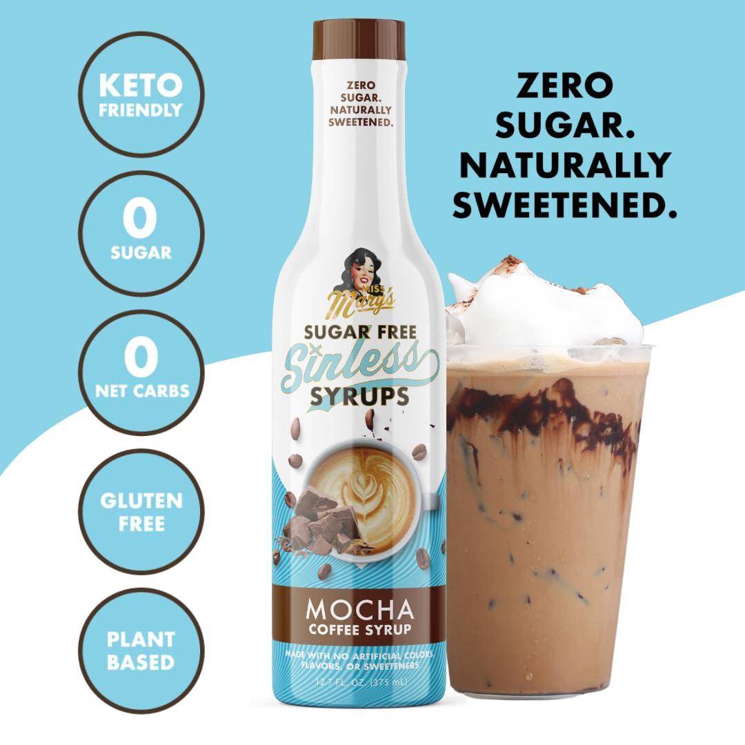 Miss Mary's Sugar Free Sinless Syrups Sugar Free Mocha Sinless Syrup - Sugar Free Coffee Syrup, Hot or Iced Coffee, No Sugar, Keto Friendly, Plant Based, Natural & Organic Ingredients, No Artificial Sweetener, Mocha, 1 Pack
