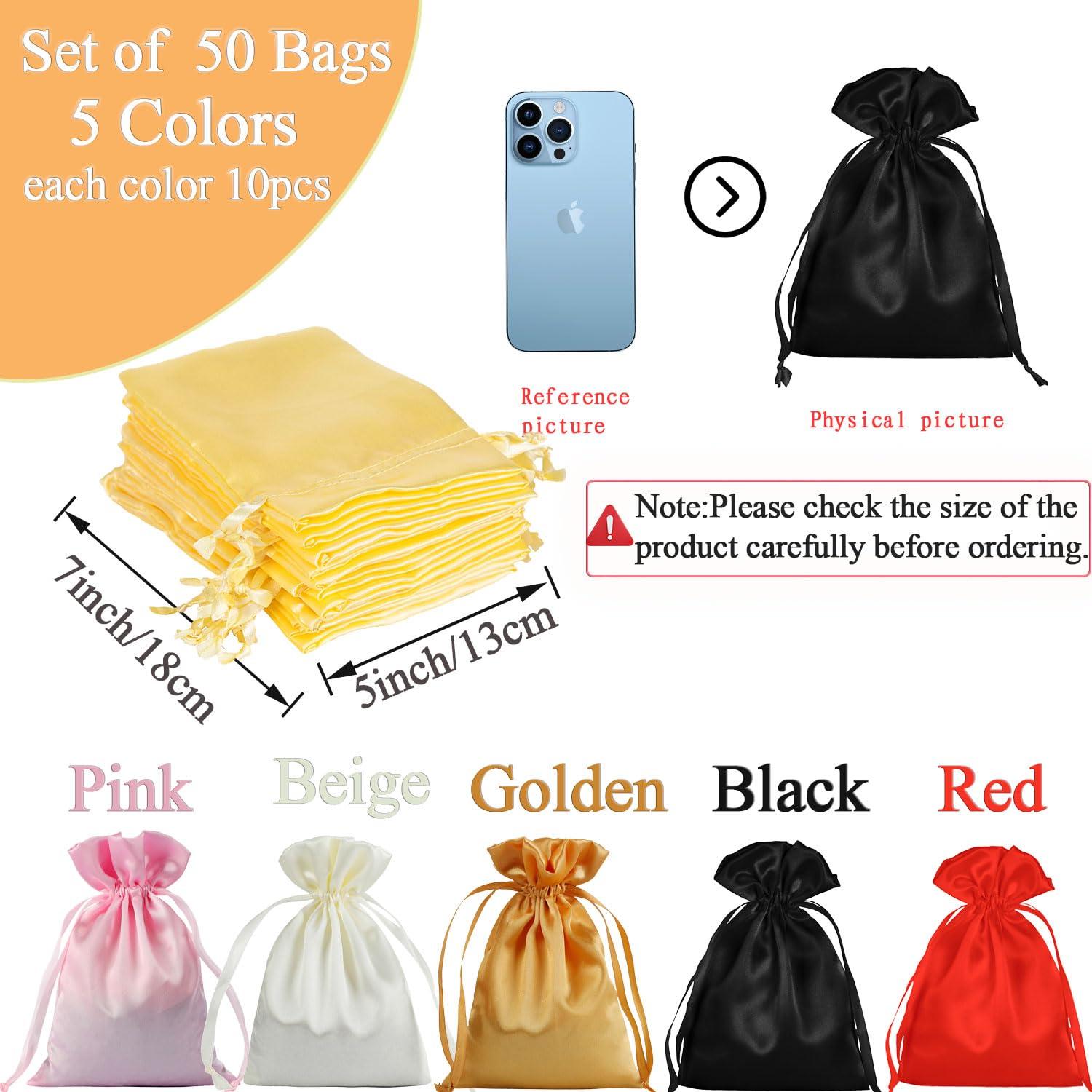 AKLVBL AKLVBL Satin Bags with Drawstring,Multicolored Silk Gift Bags with Drawstring,50 Pieces Small Jewelry Bags Drawstring,Wedding Favor Bags,5X7 Inches Small Drawstring Pouch