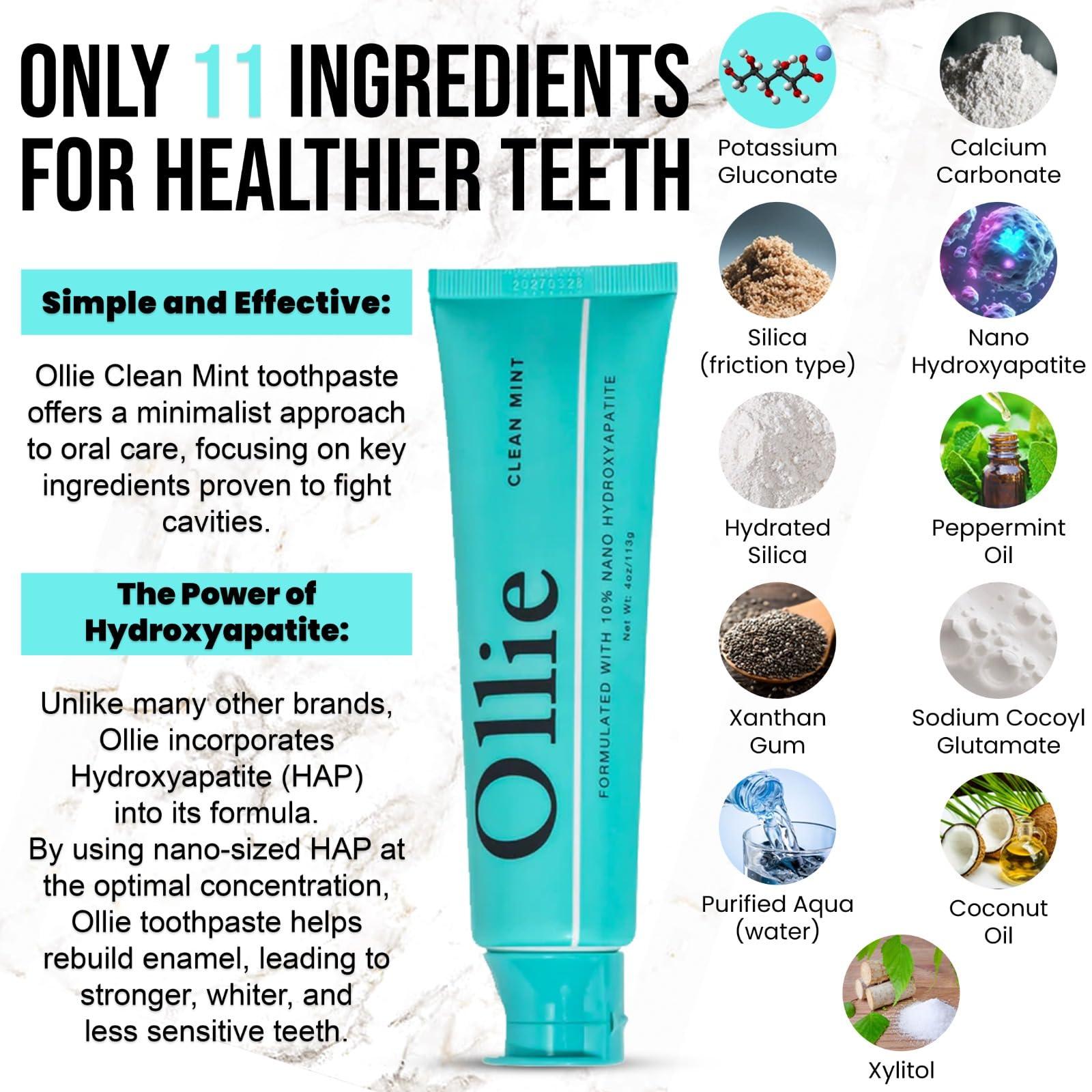 Ollie Ollie Clean Mint Nano Hydroxyapatite Toothpaste for Teeth Whitening, 10% Hydroxyapatite Formula, 4oz