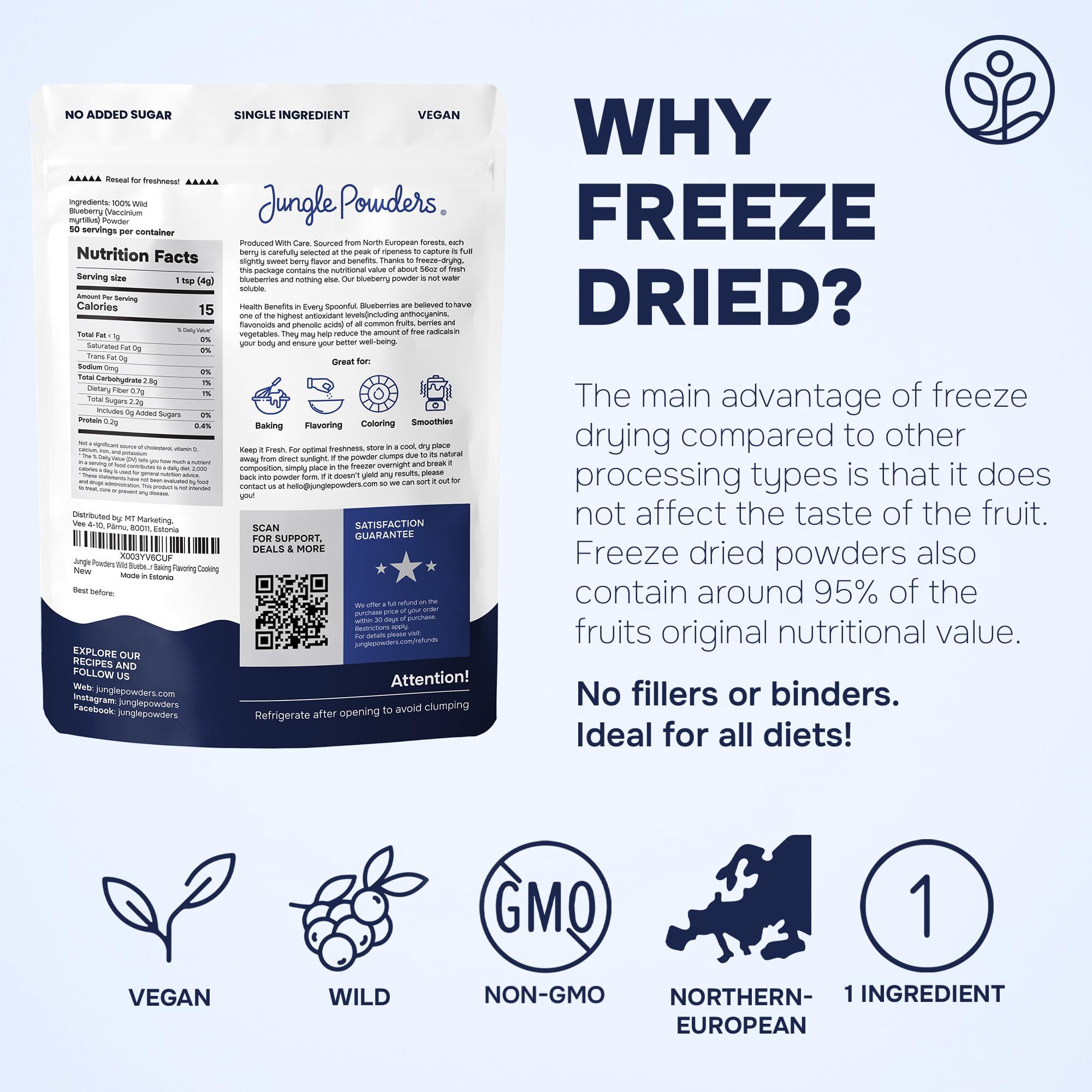 Jungle Powders Jungle Powders Wild Blueberry Powder 7 Ounce Bag, Nordic Freeze Dried Blueberries No Sugar Added For Smoothie, Additive and Filler Free Bilberry Fruit Superfood Powder For Baking Flavoring Cooking