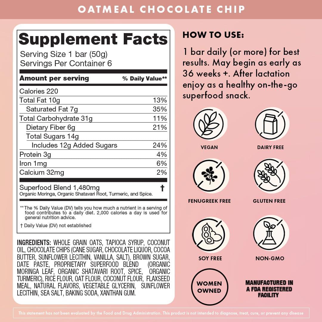 Boobie Brands Boobie Bar Superfood Oatmeal Chocolate Chip Lactation Bar for Breastfeeding Moms to Increase Milk Supply | #1 Selling Lactation Snack Bars | Vegan, Fenugreek-Free, Gluten-Free, Dairy-Free (7 Bars)