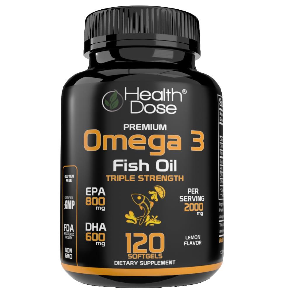 Health Dose Health Dose Omega 3 Fish Oil  Lemon-Flavored Softgels with EPA & DHA for Brain, Heart, and Wellness Support  Easy-to-Digest, No Fish Burps  120 Softgels, 2-Month Supply