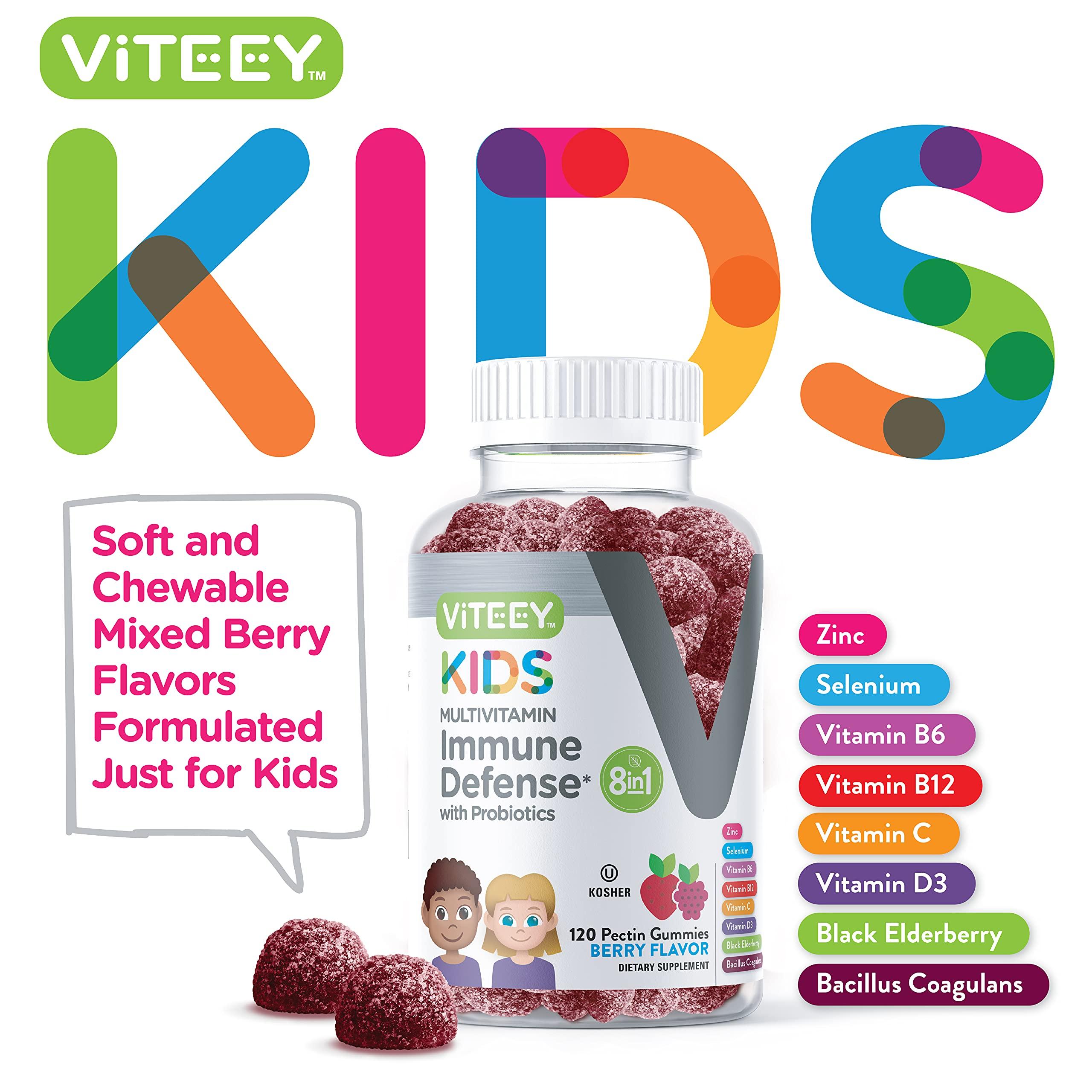 Viteey Kids Multivitamin Gummies with Probiotics - 8-1 Kids Vitamins for Immune Health Support with Vitamin C, D3, B12, B6, Zinc, Elderberry, Selenium - Vegetarian - Chewable Tasty Berry Flavored Gummy
