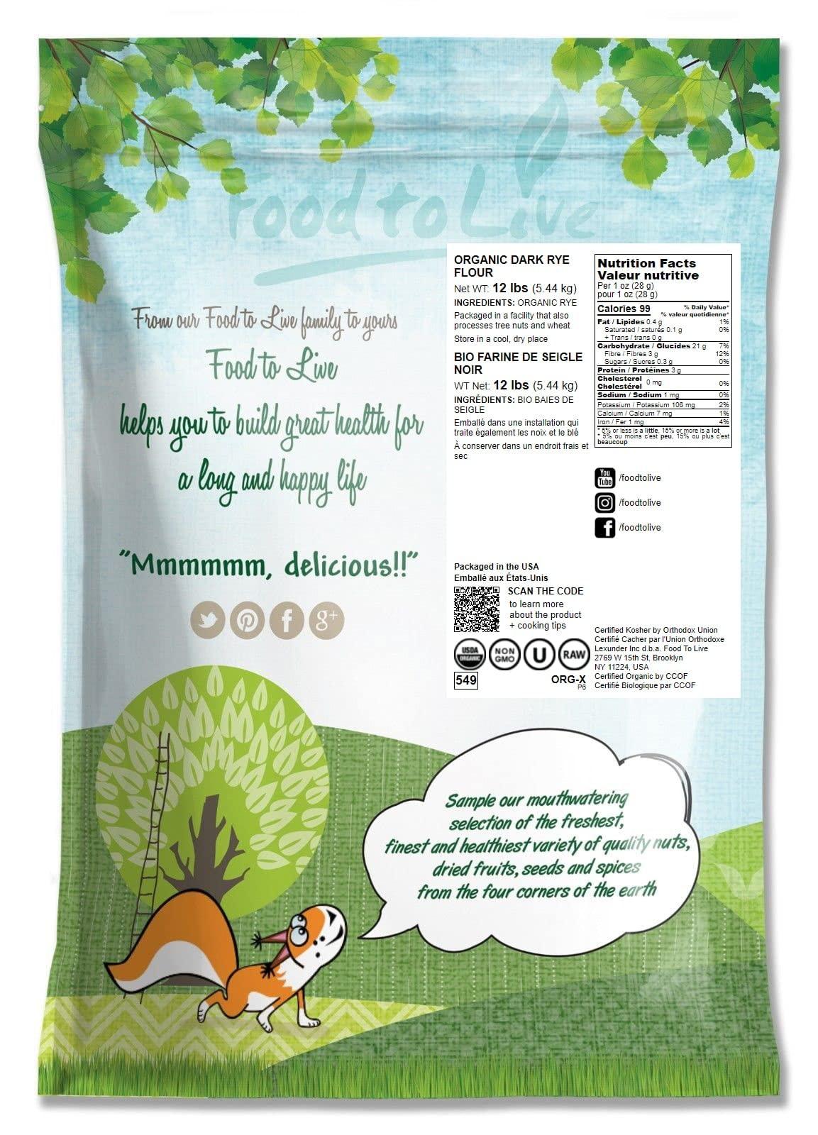 Food to Live Food to Live Organic Dark Rye Flour, 12 Pounds Whole Grain, Non-GMO, Stone Ground, Kosher, Raw, Vegan, Bulk, Great for Baking Bread, Product of the USA