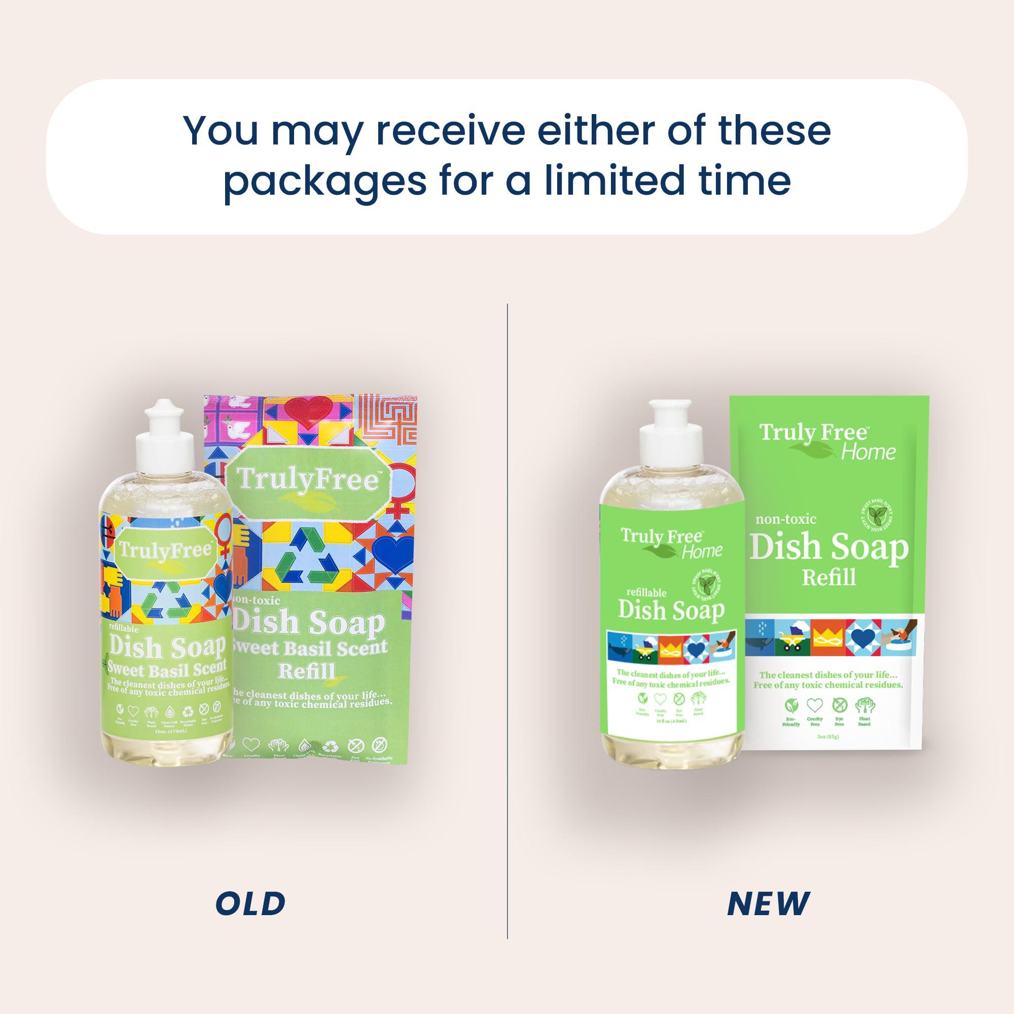 Truly Free Truly Free Natural Concentrated Dish Detergent Dishwashing Liquid | Plant-Based Dish Soap | Sweet Basil Fresh Scent | 2 Refill Packs with 1 Empty Refillable Squeeze Bottle (16 Oz)