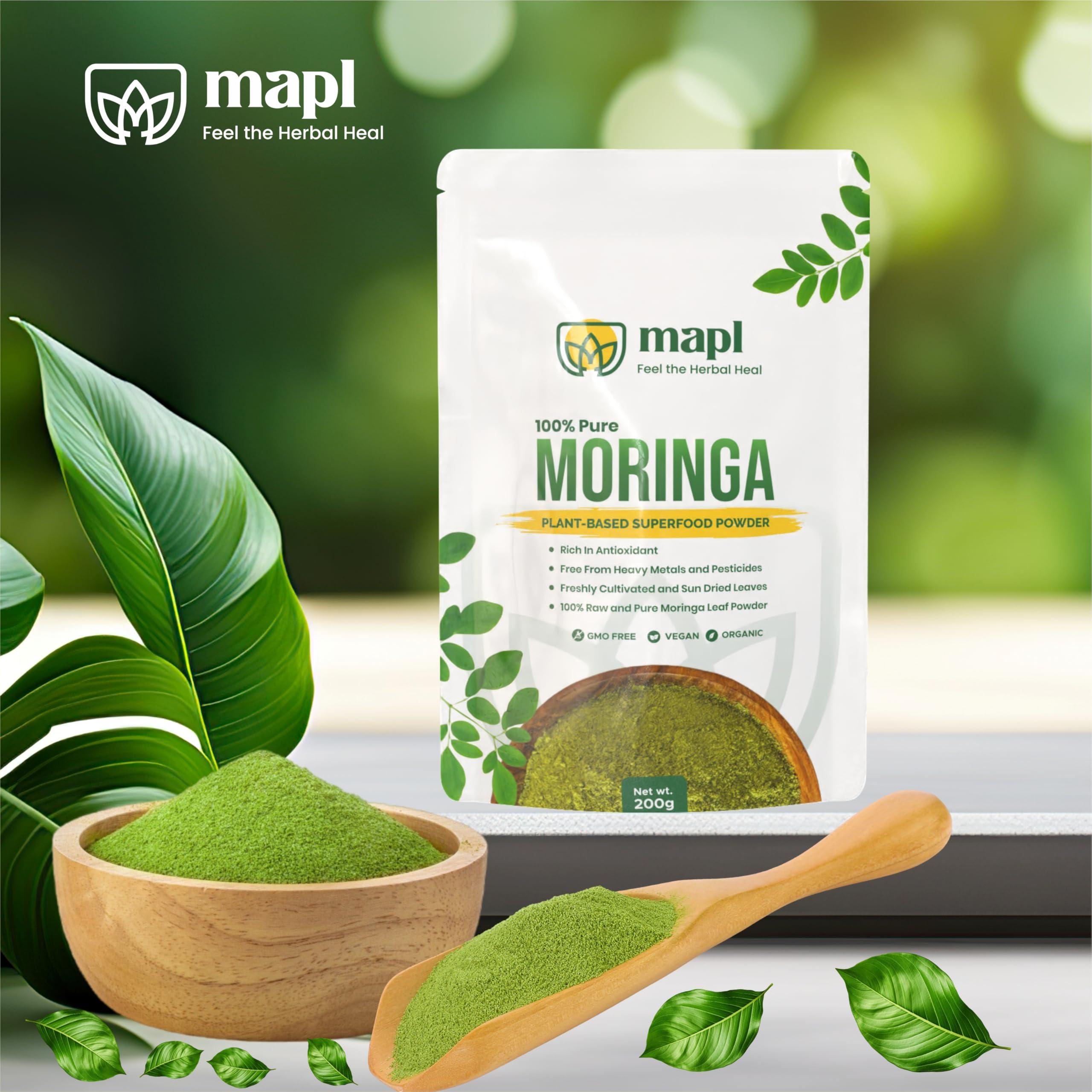 MAPL MAPL Pure Moringa Oleifera Powder | 100% Natural Ayurvedic Plant Based Dried Drumstick Tree Leaves | Raw & Natural, Rich in Nutrients, Blended for Skin & Hair Natural Ingredients | 200 Gram (7 Ounces)
