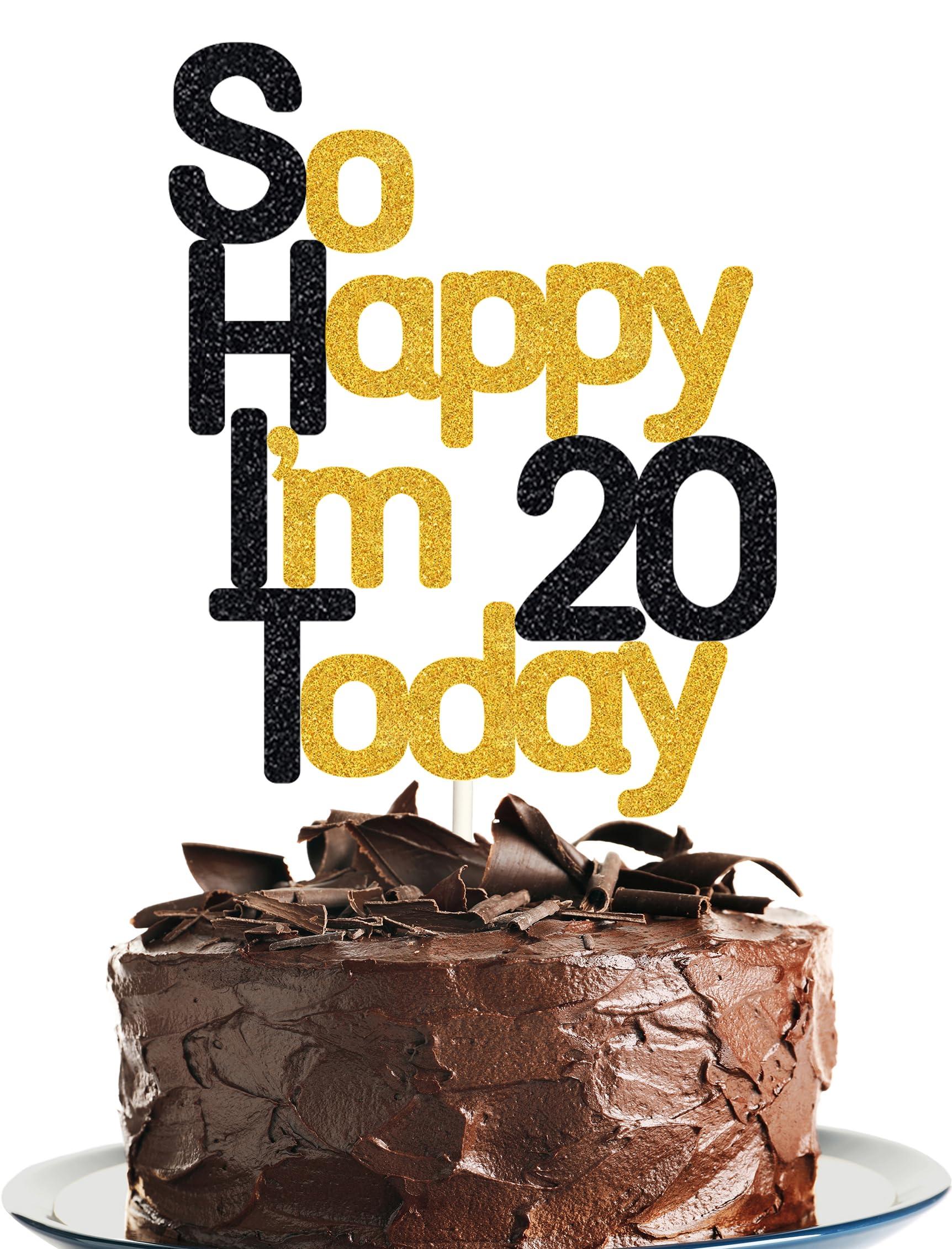 veegood So Happy I\'m 20 Today!20 Birthday Cake Toppers-Black Glitter, Funny 20th Cake Topper for Men,Twenty Cake Topper For Women, 20th birthday decorations