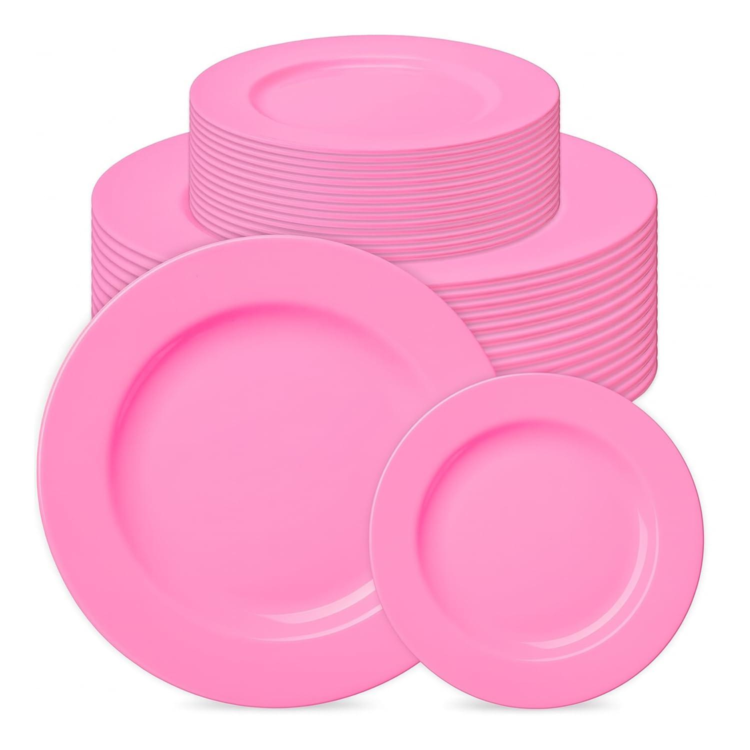 Prestee Prestee 50-pc Pink Plastic Plates - 25 Plastic Dinner Plates (10\") + 25 Salad Small Plastic Plates (7\") - Pink Disposable Plates, Tea Party Plates, Pink Party Plates, Easter Plates, Baby Shower Plates