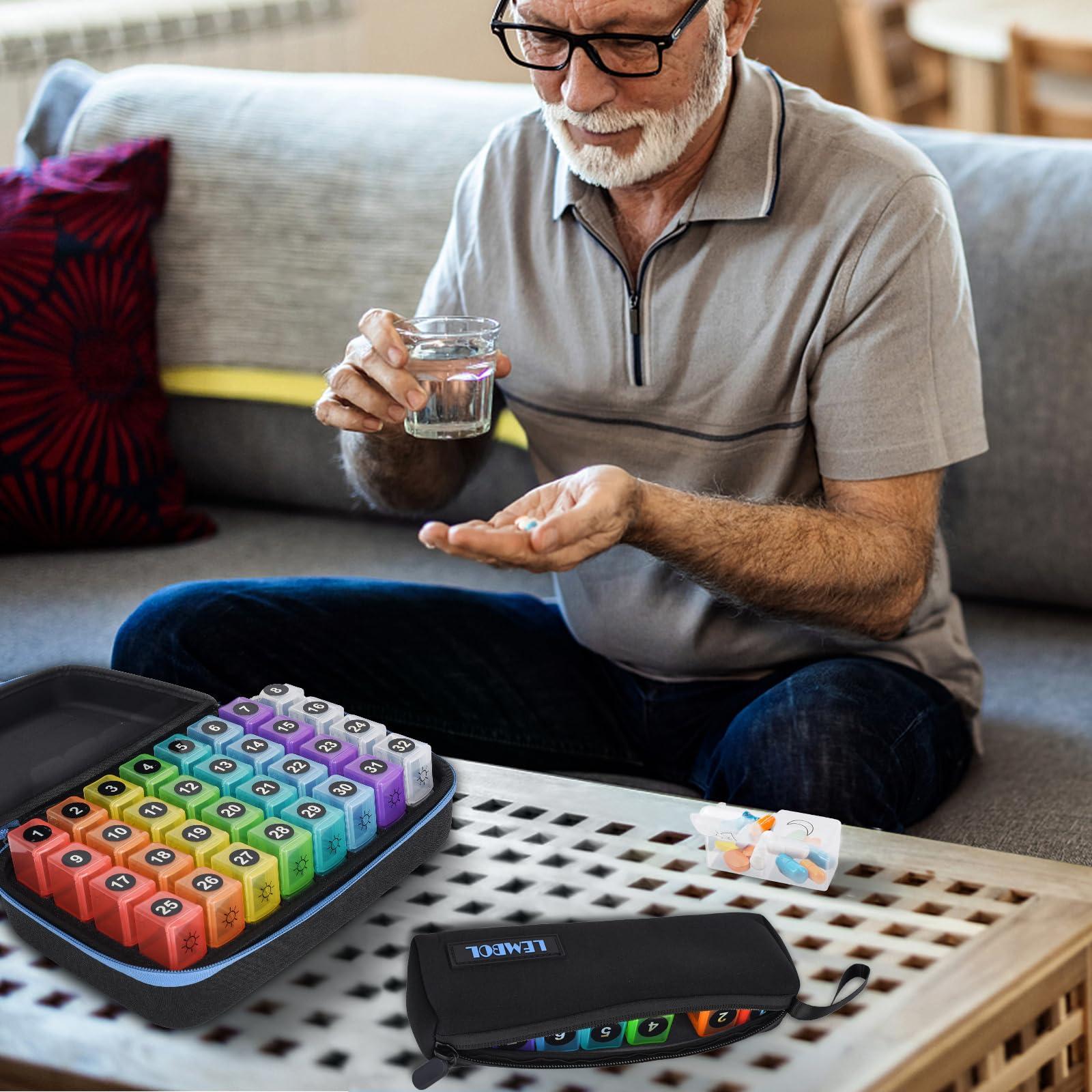 LEMBOL Monthly Pill Organizer 2 Times a Day, 30 Day Pill Organizer Box AM PM with Weekly Pill Bag,32 Daily Large Compartments,1 Month Pill Holder to Hold Vitamins, Medication and Supplements