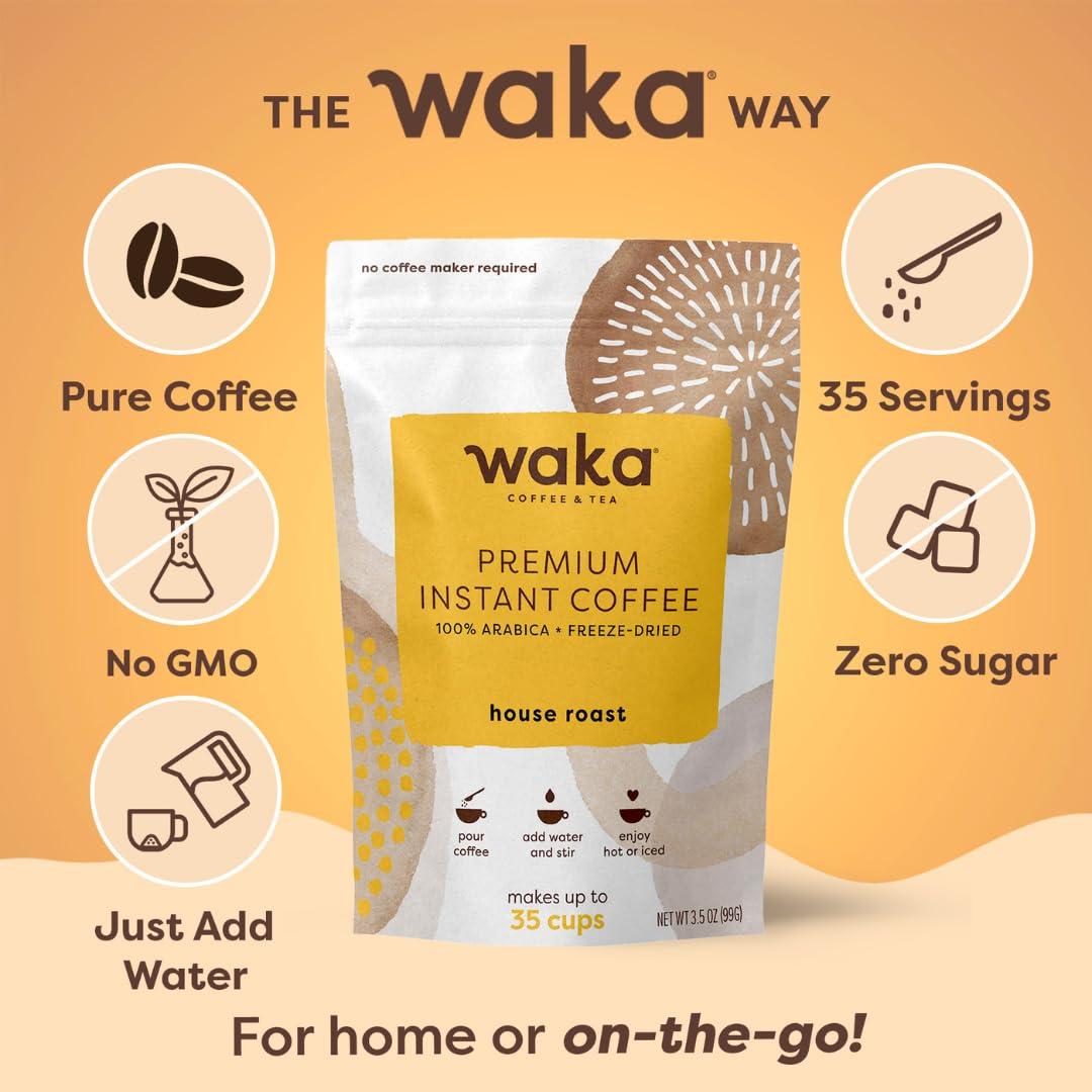 Waka Coffee Waka Instant Coffee, House Roast - 100% Arabica Beans, Freeze Dried Granules, No Sugar or Additives - Bulk Bag for Quick Hot and Iced Coffees, Up to 35 Cups (3.5oz)
