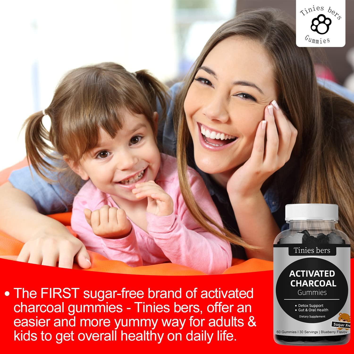 Tinies bers Activated Charcoal Gummies Sugar Free, 400mg Charcoal Supplements from Coconut, Quicker to Cleanse, Detox, Gas Relief, Gut & Oral Health for Adults & Kids, Gluten Free, Non GMO, Vegan, Pectin, 60