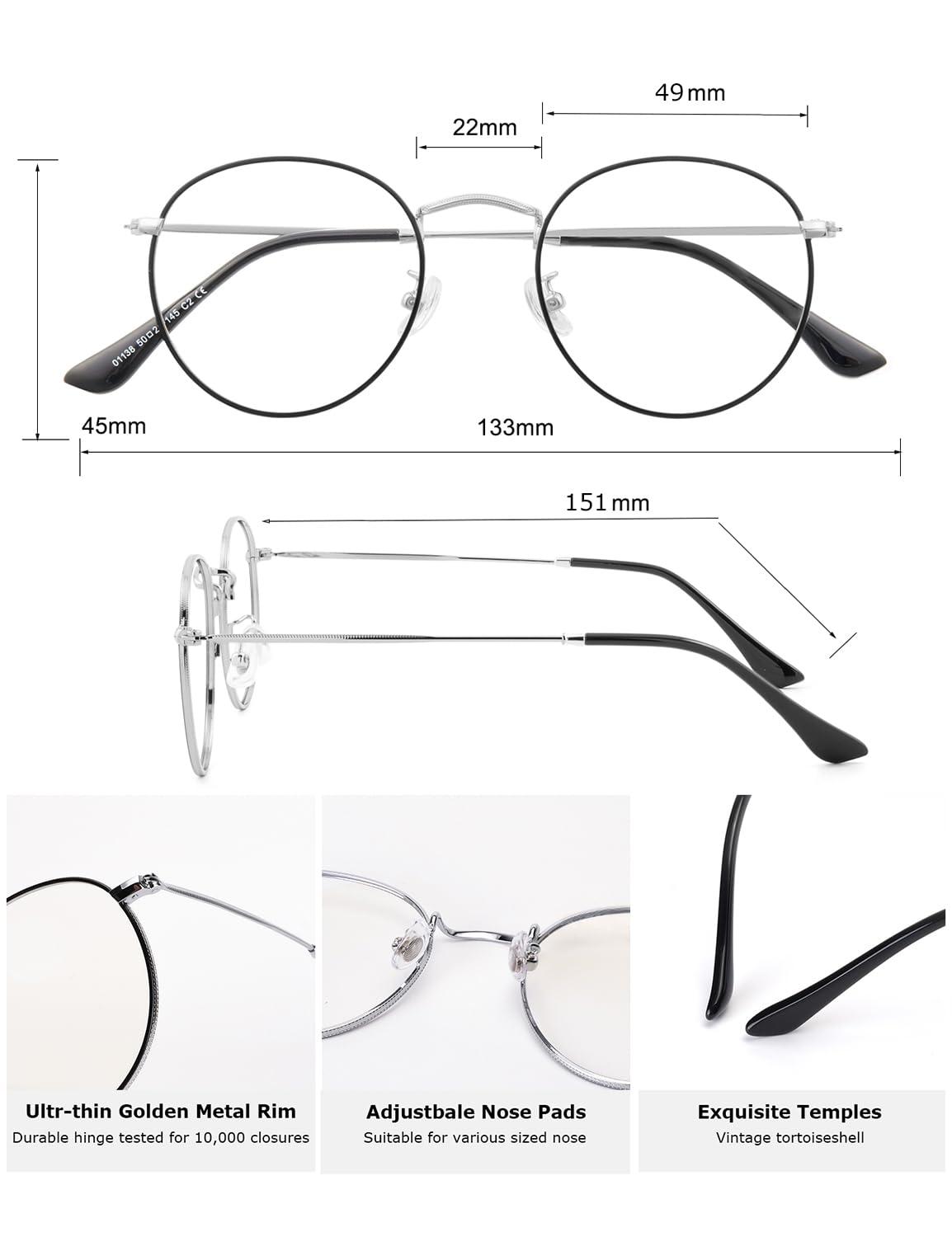 ZanyLen ZanyLen Blue Light Glasses for Women and Men, Round Metal Frame Computer Gaming Eyeglasses Reduce Reflection and UV400 Protection, Silver and Black Eyeglasses