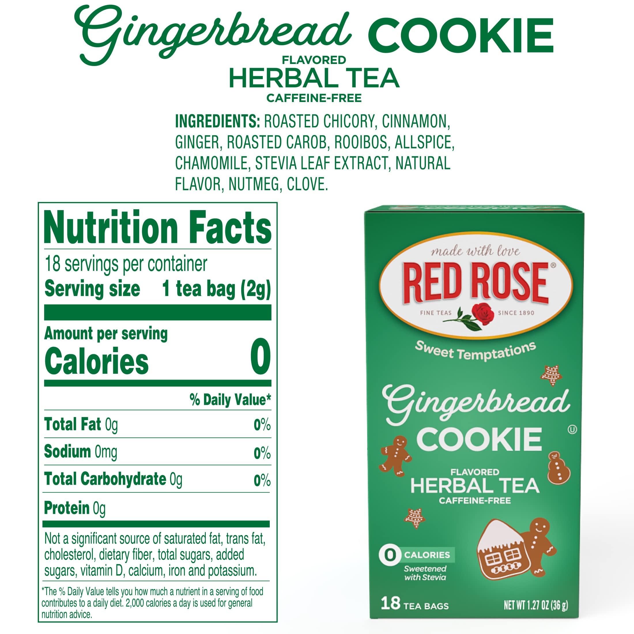 Red Rose Red Rose Sweet Temptations Dessert Tea Gingerbread Cookie, Zero Carbs, Zero Sugar Bursting with Flavor Caffeine-Free Delicious Beverage Herbal Tea, 18 Count Naturally Flavored Black Tea