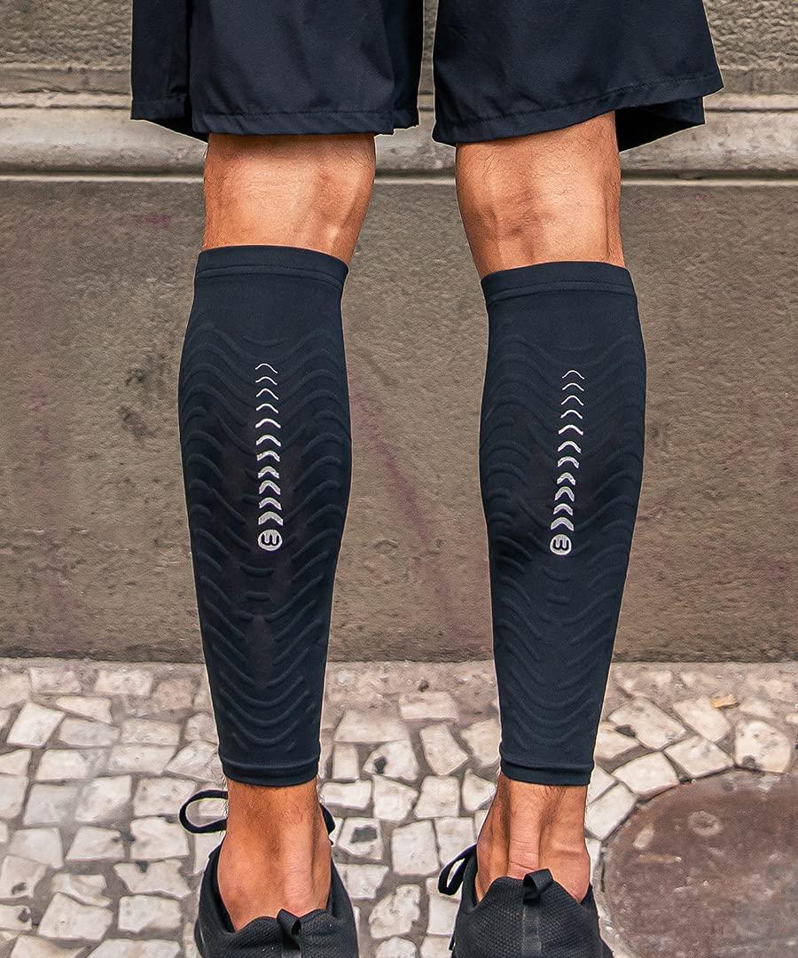 wavewear wavewear Calf Compression Sleeve with Built-in Kinesiology Tape - Support for Leg Swelling and Cramping during Workouts and Sports - for Men and Women (L, Black/Silver, 2)