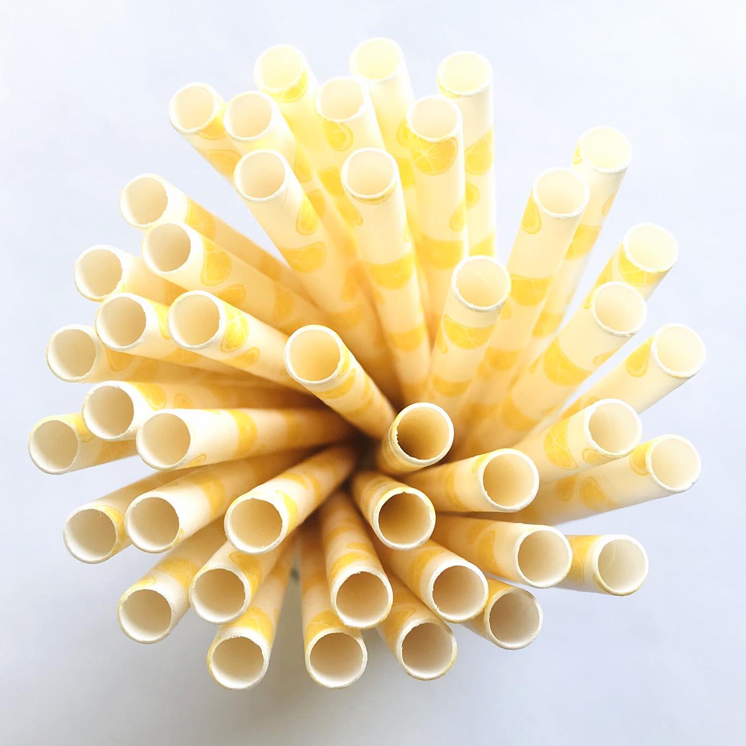 Generic 100 pcs Fruit Paper Straws Bulk, Summer Yellow Lemon Citrus Drinking Straws, Disposable Biodegradable Decorative Picnic BBQ Pool Beach Party Juice Shake Smoothie Bar Cake Pop Sticks (Lemon)