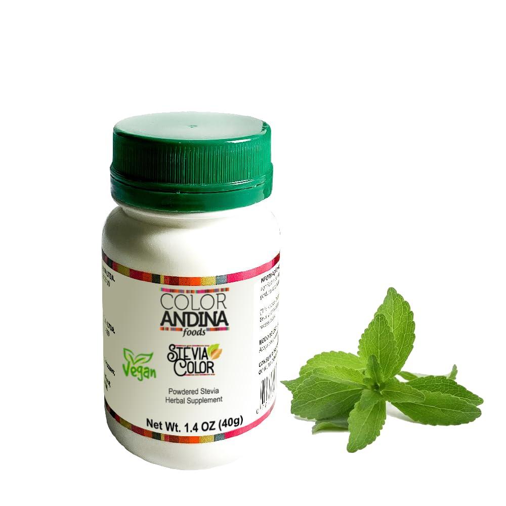 COLOR ANDINA FOOD COLOR ANDINA | Stevia Powder 100% Pure & Natural | No Aftertaste - Stevia Green Leaf Extract, Zero Calorie Stevia, No Artificial Sweetener | 800 servings | 1.4 OZ