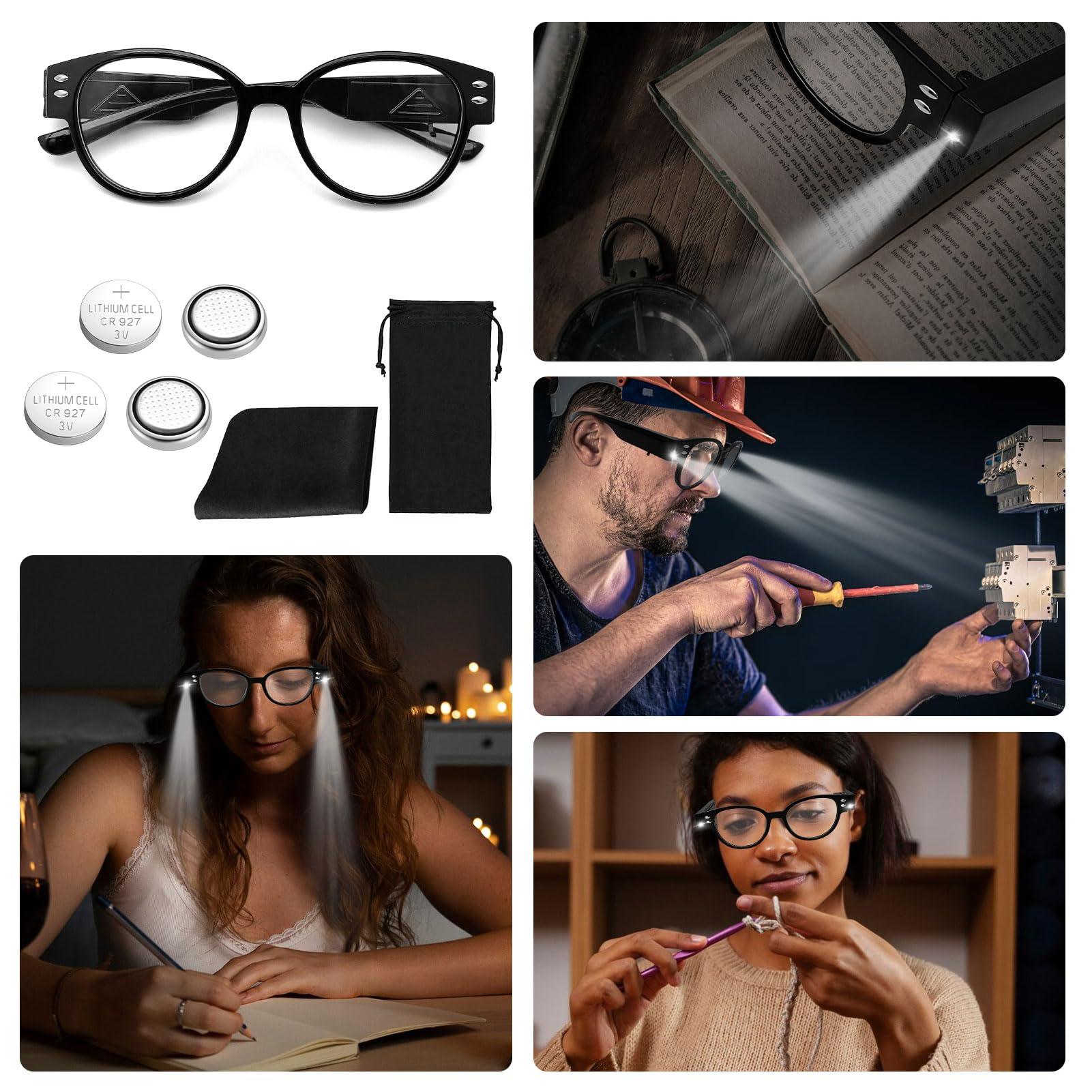 DuanMei Reading Glasses with Lights Bright LED Readers Magnifying Glasses with Lights Reading Glasses with LED Light Blue Light Blocking Glasses Lighted Magnifier Nighttime Reader Lighted Eye Glasses(+300)