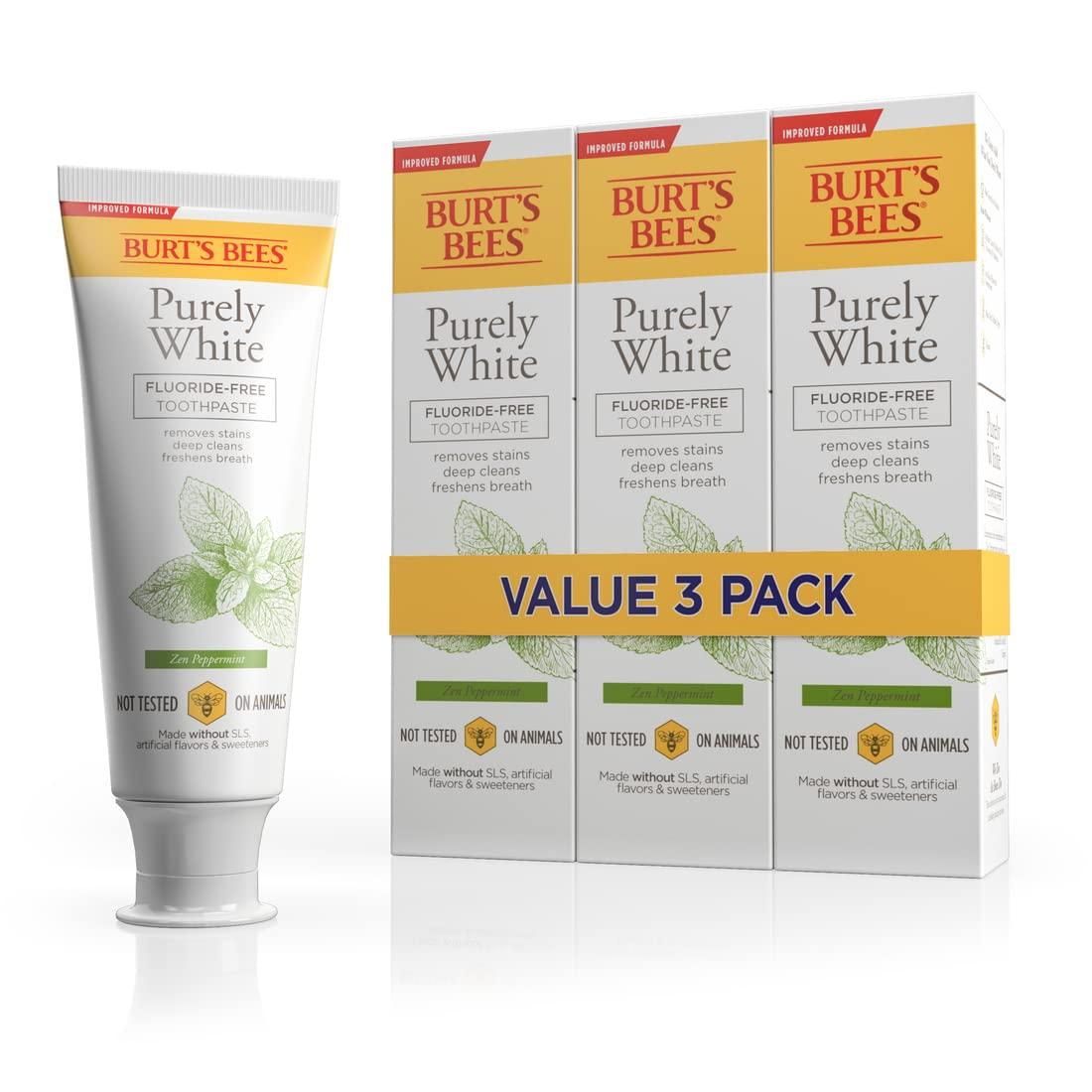 Burt's Bees Burt’s Bees Toothpaste, Natural Flavor, Fluoride-Free, Purely White, Zen Peppermint, 4.7 oz, Pack of 3
