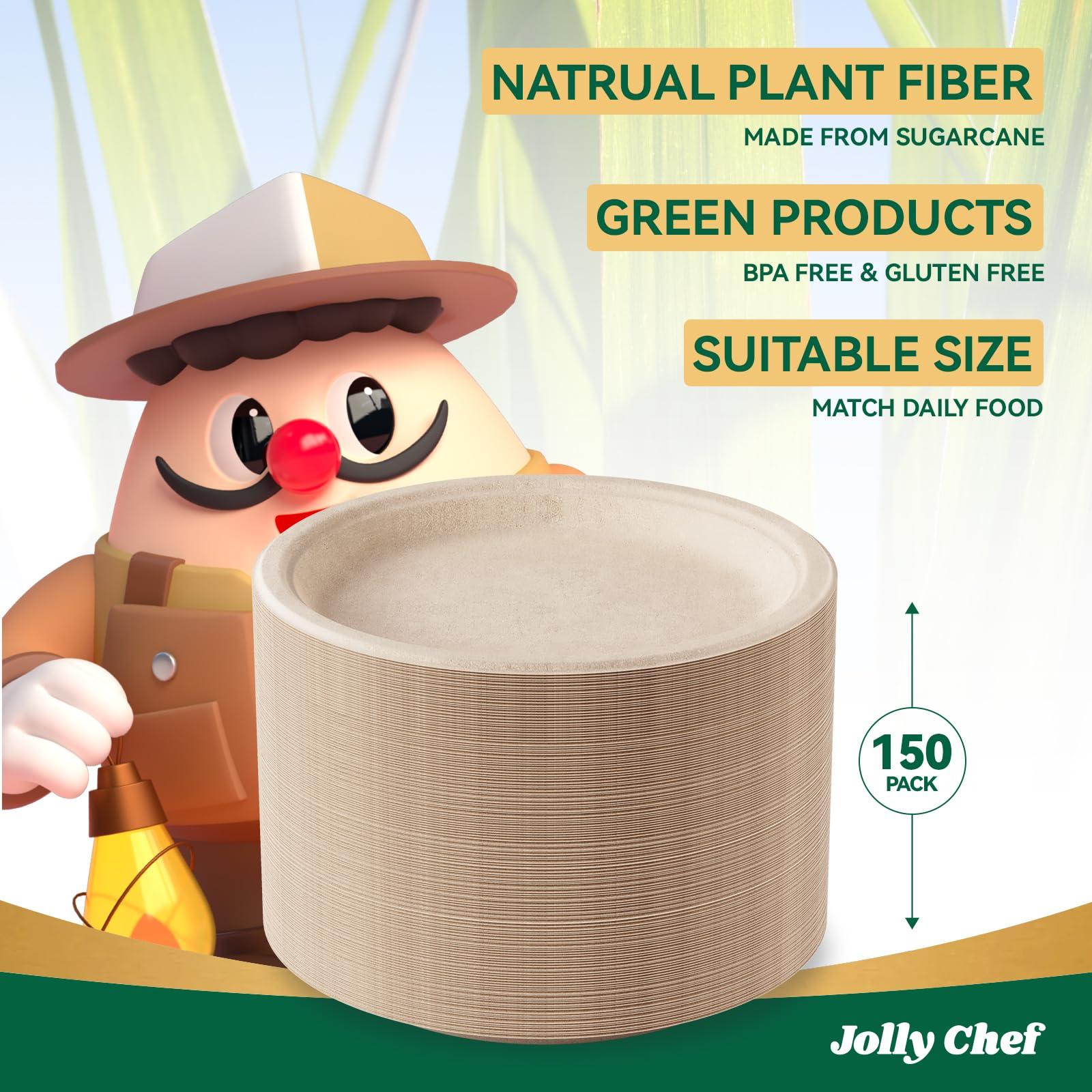JOLLY CHEF JOLLY CHEF Compostable Heavy Duty Plates 10 Inch [150 Pack] Eco-Friendly Disposable Natural Paper Plates Bagasse Biodegradable Plates Bulk for Party Dinner Sugarcane Fibers Round Plates(Brown)