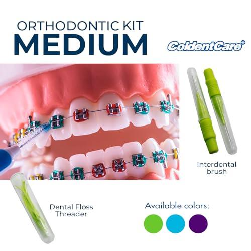 ColdentCare Braces Cleaning Kit for Teeth, Portable Orthodontic Toothbrush Kit Oral Care Dental Travel - 2 Interdental Brush, 5 Bars of Wax, 1 Dental Floss 12m, 13 Dental Floss Threader Multipurpose case (Green)